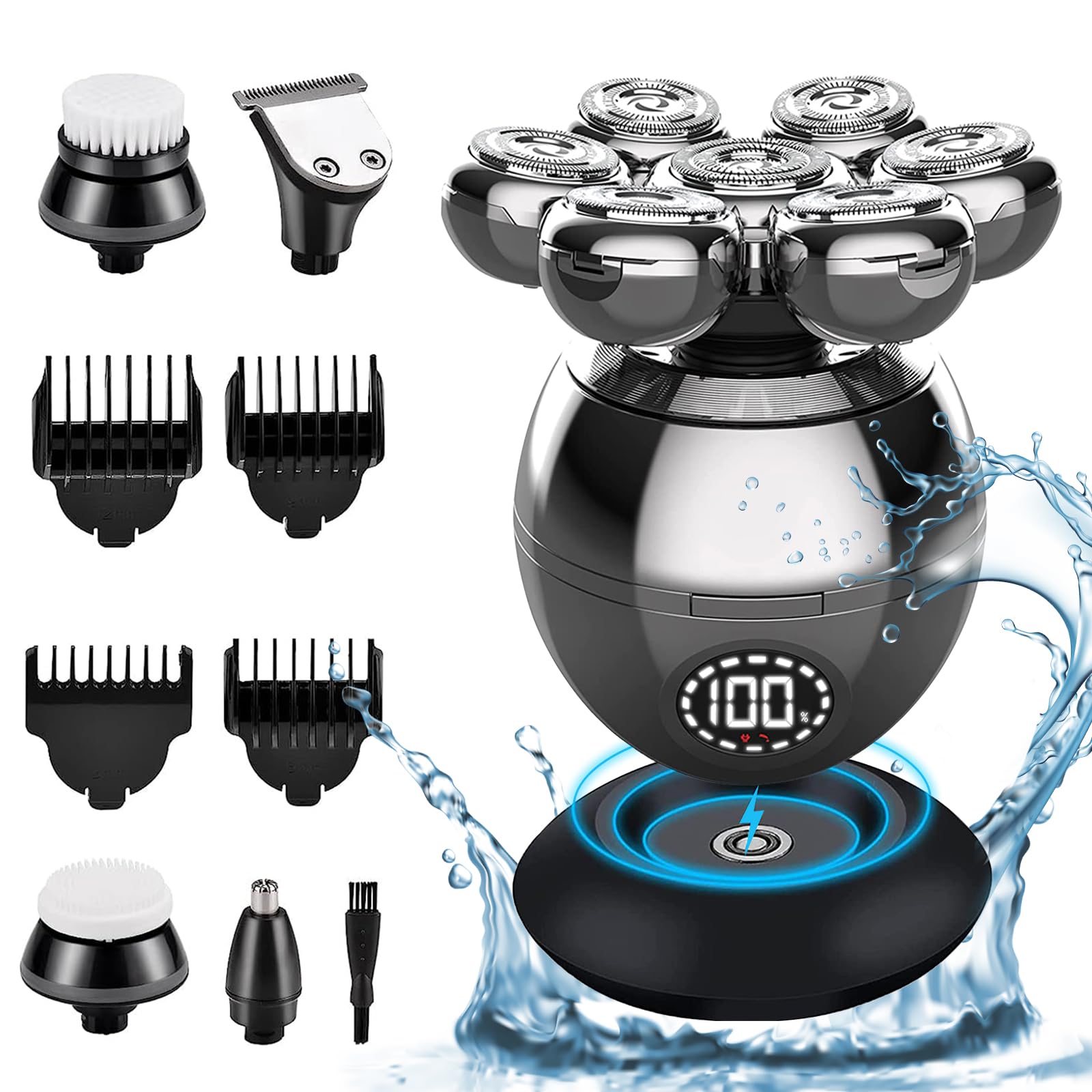 Rasoir Electrique 5 en 1 pour Hommes - Tondeuse Cheveux 7D Rotative, IPX7 Étanche, Rechargeable USB-C, Écran LED, Utilisation Sec et Humide - Idéal pour Voyage, Maison et Bureau