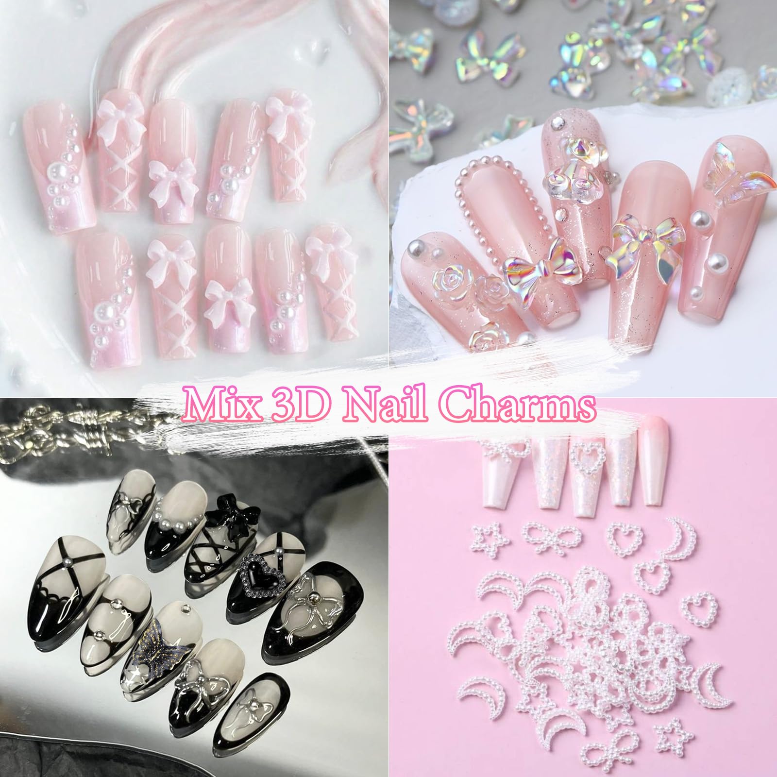 2 Boxes 3D Nail Art Charms Set - Bow, Bowknot, Butterfly, Flower, Half Round Pearl & Rhinestone, Star, Heart Pearls for DIY Nail Designs | Perfect for Salon, Home Manicure, Nail Art Enthusiasts & Gift Giving
