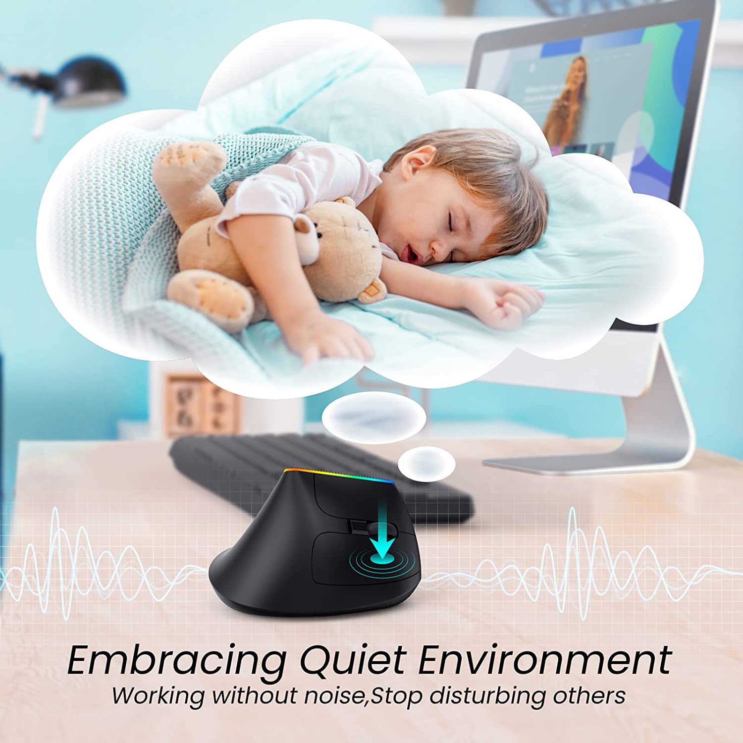 Wireless Ergonomic Mouse - RGB Vertical Mouse with 800-1600 DPI Adjustable for Laptop & PC - Perfect for Office Work, Gaming & Long-Term Computer Use