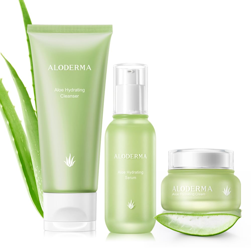 Aloderma Travel Size Hydrating Skincare Set - 3 Piece Facial Cleanser, Moisturizing Cream & Hydrating Serum Kit for Dry Skin - Perfect for Airplane Travel, Gym Bag & On-The-Go Skincare Routine