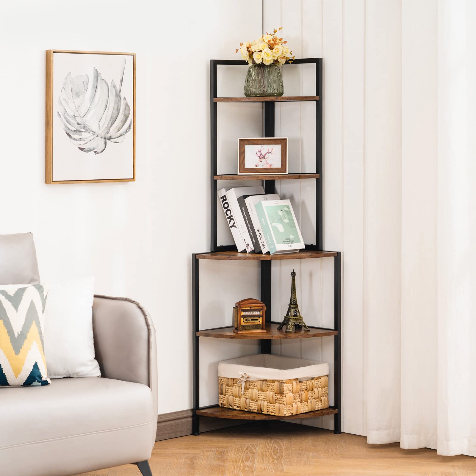 Apicizon 5-Tier Corner Shelf - Industrial Metal Frame Bookcase, Rustic Brown Storage Rack for Books, Plants & Decor | Perfect for Small Spaces, Home Office, Kitchen & Living Room Display