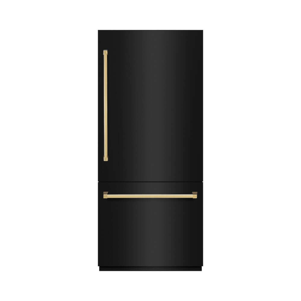 ZLINE Autograph Edition 36 Inch Built-In Bottom Freezer Refrigerator - 19.8 cu. ft. Capacity, Black Stainless Steel with Polished Gold Accents, Water Dispenser & Ice Maker - Perfect for Modern Kitchens & Luxury Homes (RBITZ BS 36 G)