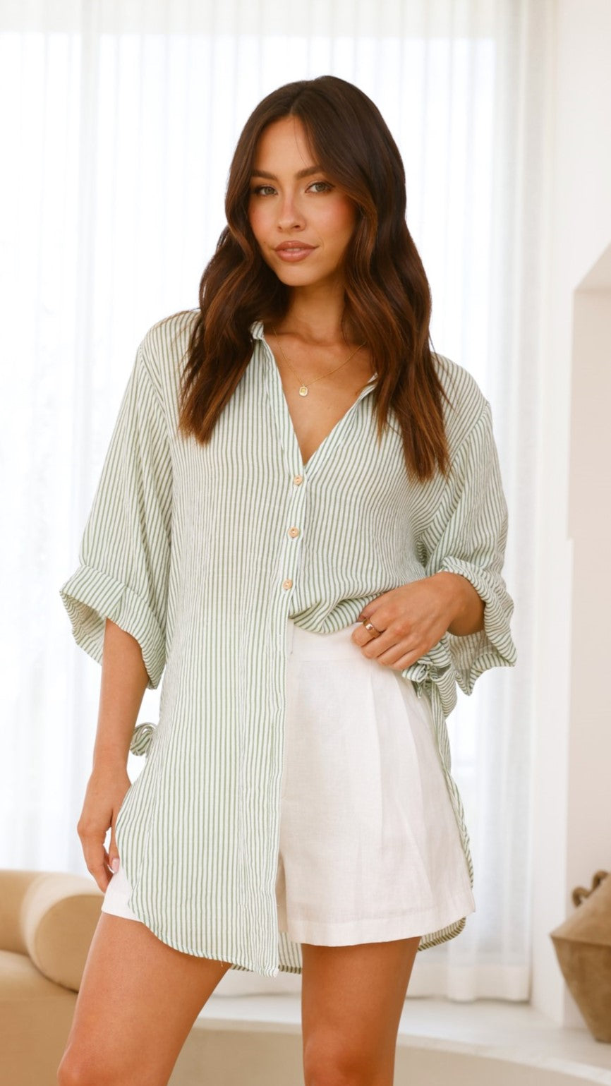Lucia Shirt for Women - Sage & White Striped Cotton Blouse - Perfect for Casual Wear, Office, and Date Nights
