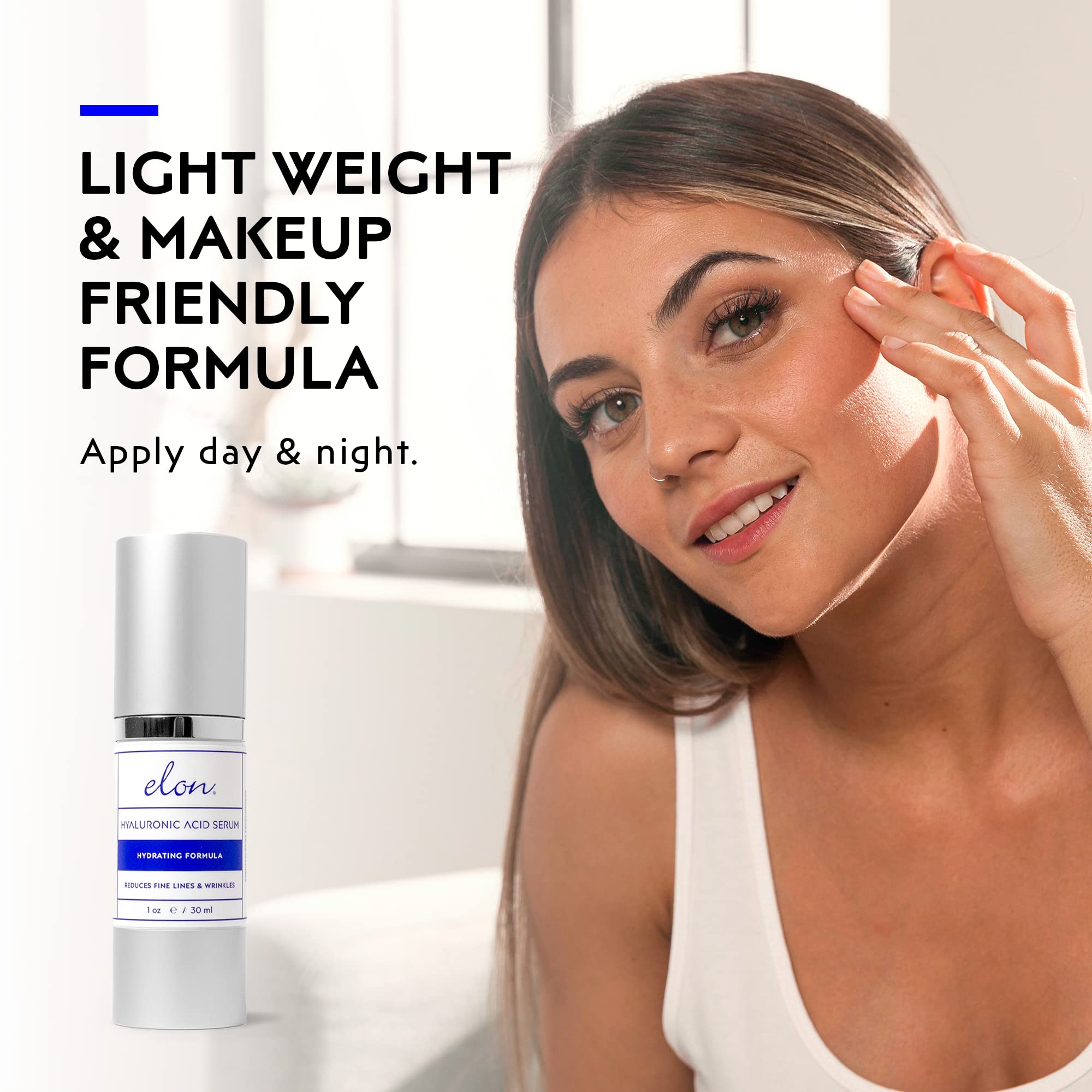 Elon Hyaluronic Acid Serum for Face & Neck - Vitamin C, Hyaluronic Acid, E & Jojoba Oil - Deep Hydration & Collagen Booster - All Skin Types - Perfect for Daily Skincare & Anti-Aging Routine