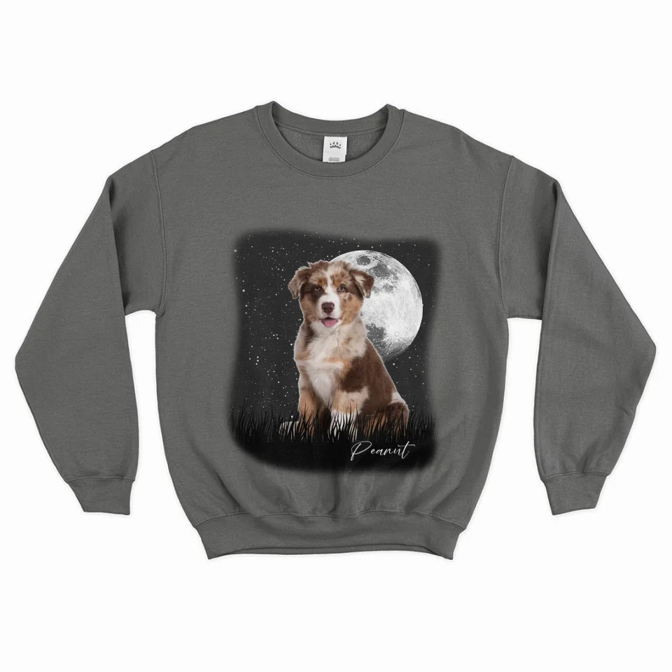 Custom Vintage Full Moon Pet Photo Sweatshirt - Personalized Dog Cat Lover Gift - Cozy Pullover for Family Matching Outfits, Couple Wear & Pet Memorial