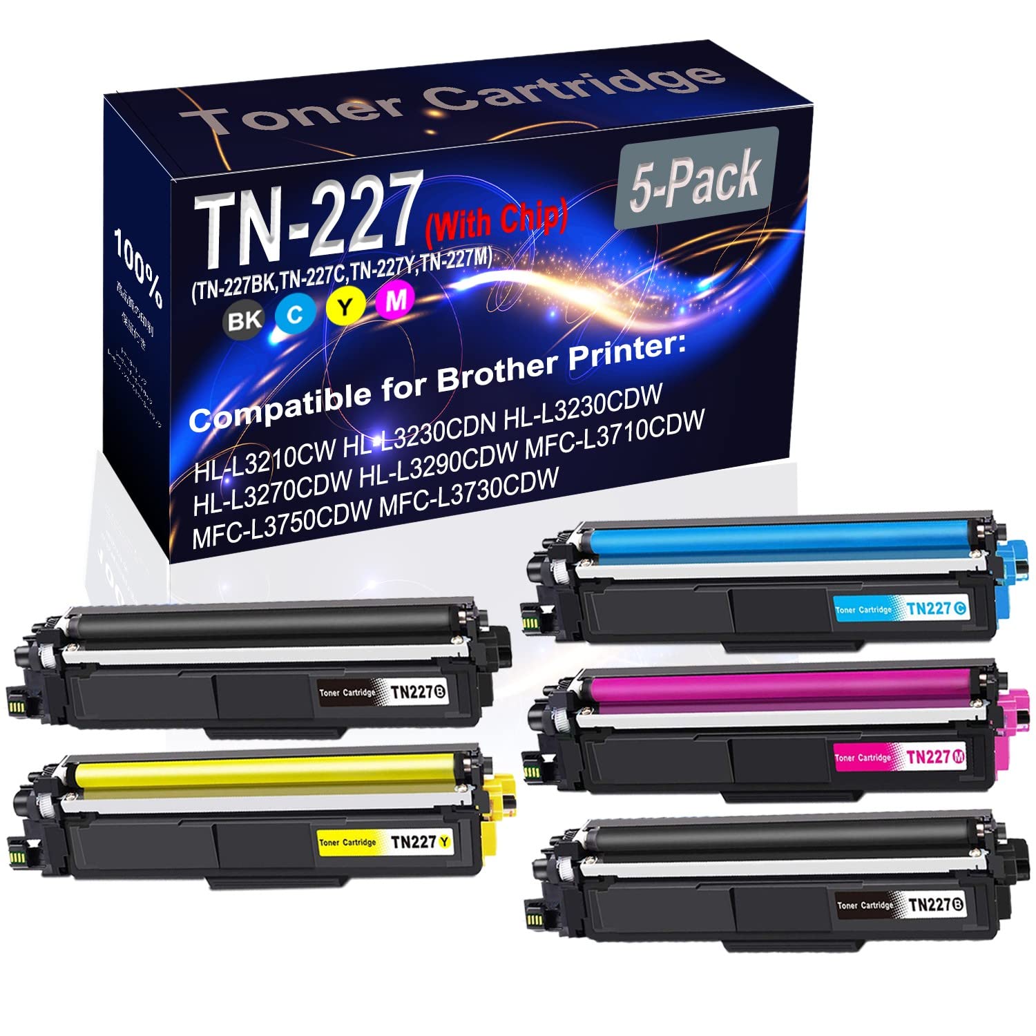 5-Pack Compatible HL-L3210CW Laser Printer Toner Cartridge (2BK+C+Y+M, High Capacity) - Replacement for TN227/TN-227 Series (TN-227BK, TN-227C, TN-227Y, TN-227M) - Ideal for Office Printing, Home Use & Small Business Documents