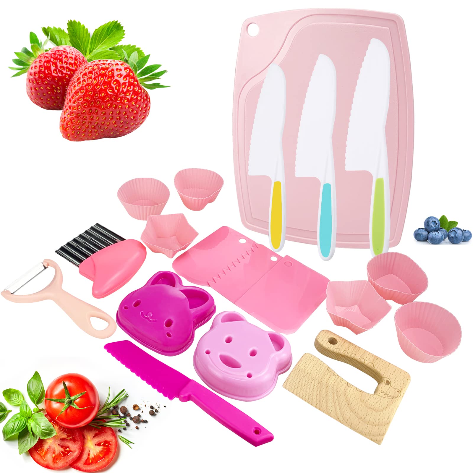 19-Piece Wooden Kids Kitchen Safe Knife Set - Wooden & Plastic Toddler Knives, Potato Slicers, Cake Scraper, Crinkle Cutter with Serrated Edges & Cutting Board - Safe Cooking Tools for Children | Perfect for Pretend Play, Montessori Learning & First Cooking Experiences