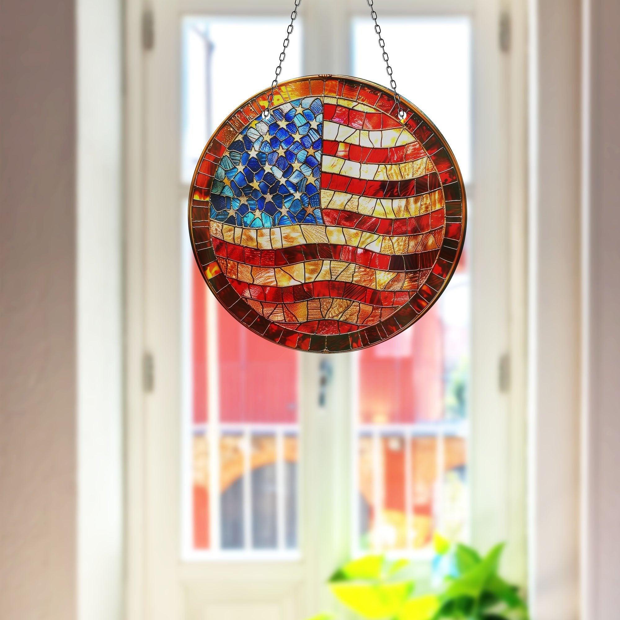 American Flag Suncatcher - Patriotic Window Decor for Home & Office - Perfect for Independence Day, Memorial Day & Veterans Day Celebrations