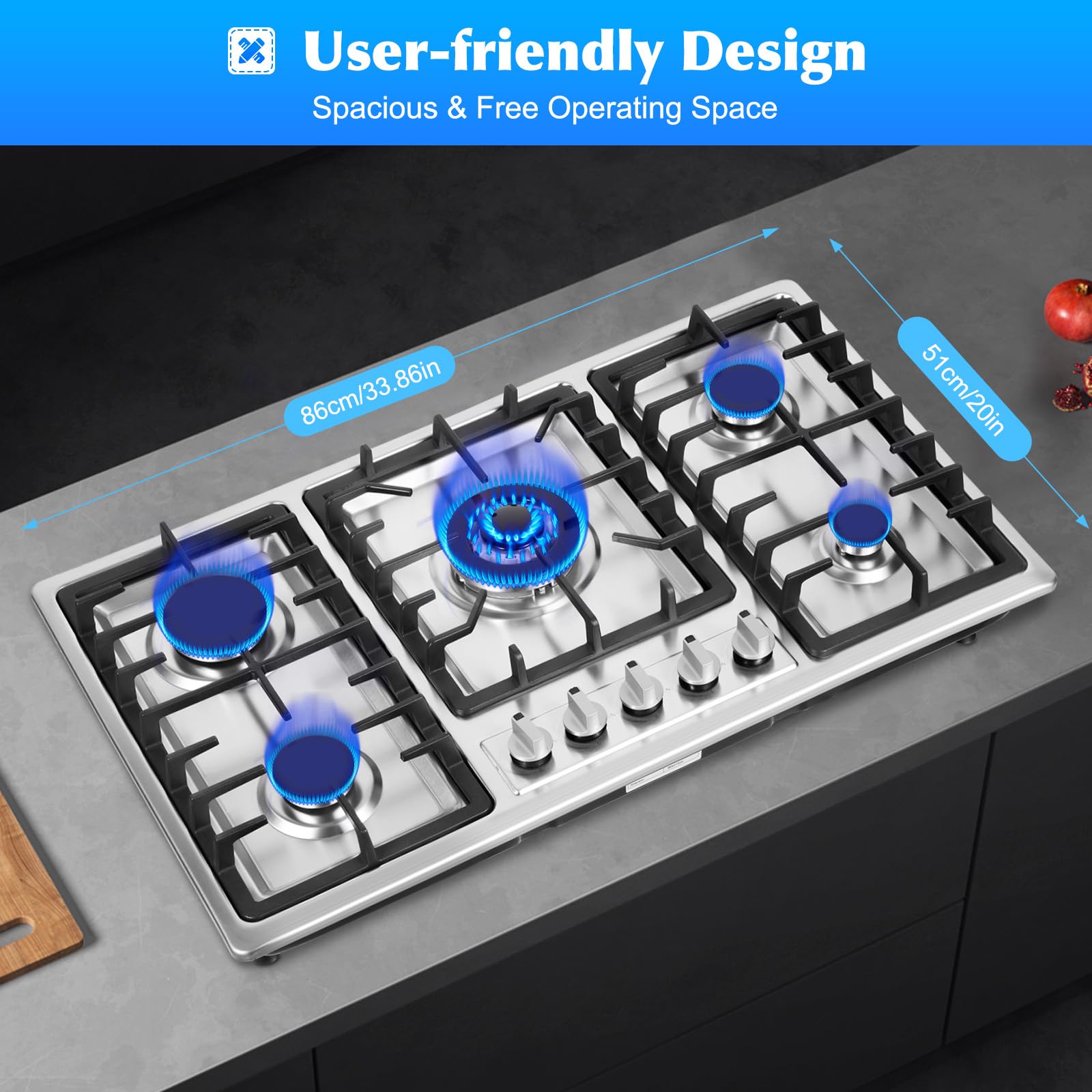 33.8 Inch 5-Burner Built-In Natural Gas Cooktop - Stainless Steel Surface & Cast Iron Grates with Electric Ignition & Flame Failure System (860x500mm) - Perfect for Modern Kitchens, Home Cooking & Professional Chefs