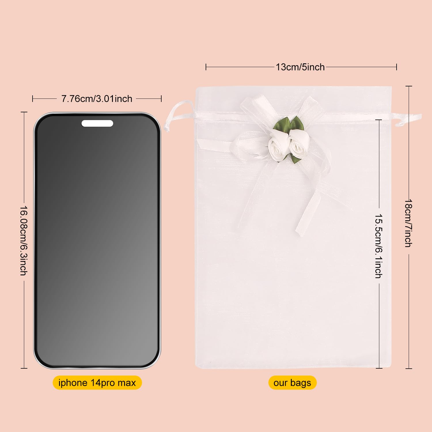 SumDirect 50Pcs 5x7 Inch White Rose Organza Drawstring Gift Bags - Elegant Wedding Favor Pouches for Jewelry, Party Favors, Christmas Gifts & Valentine's Day Presents | Perfect for Bridal Showers, Baby Showers and Special Occasions