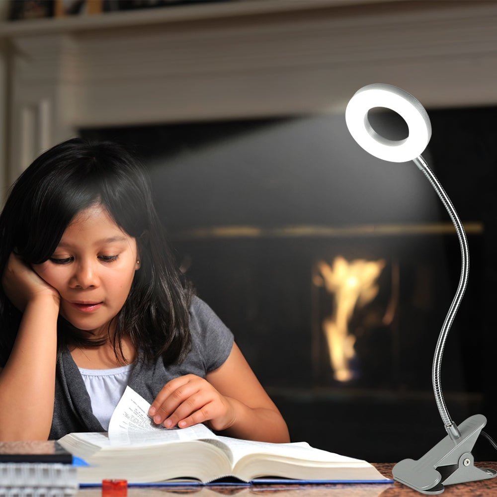 Depuley Dimmable Clip On Reading Light - 48 LED USB Bedside Lamp with 3 Color Modes & 15 Brightness Levels, Flexible Clamp Book Light for Makeup Mirror, Desk, Headboard, Piano, Computer - Perfect for Night Reading, Studying, and Crafting