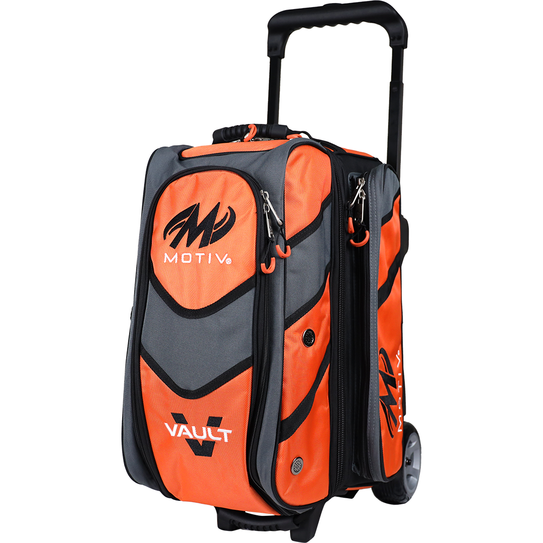 Motiv Vault 2 Ball Double Roller Bowling Bag - Orange - Perfect for League Play & Tournament Travel - Durable Bowling Equipment with Smooth Wheels for Easy Transport