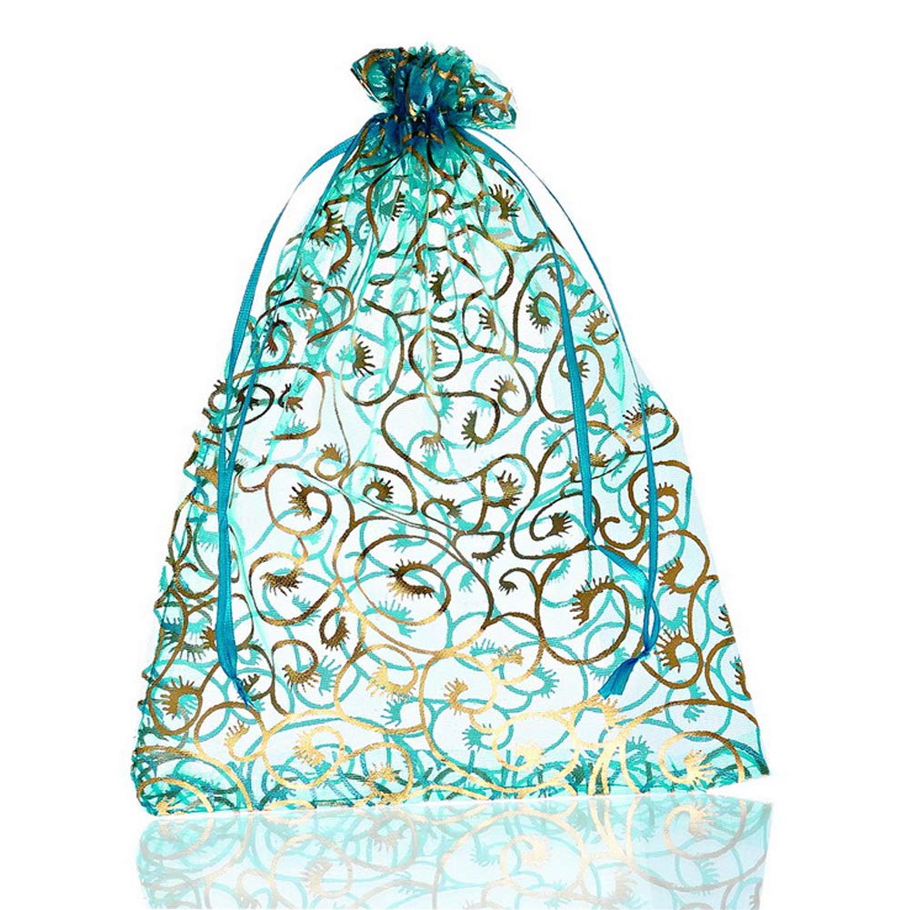 100PCS 4x6 Inch Sky Blue Floral Organza Gift Bags for Wedding Favors, Christmas Gifts, Jewelry Packaging - Small Drawstring Pouches for Party Decorations, Bridal Shower Favors & Holiday Gift Wrapping