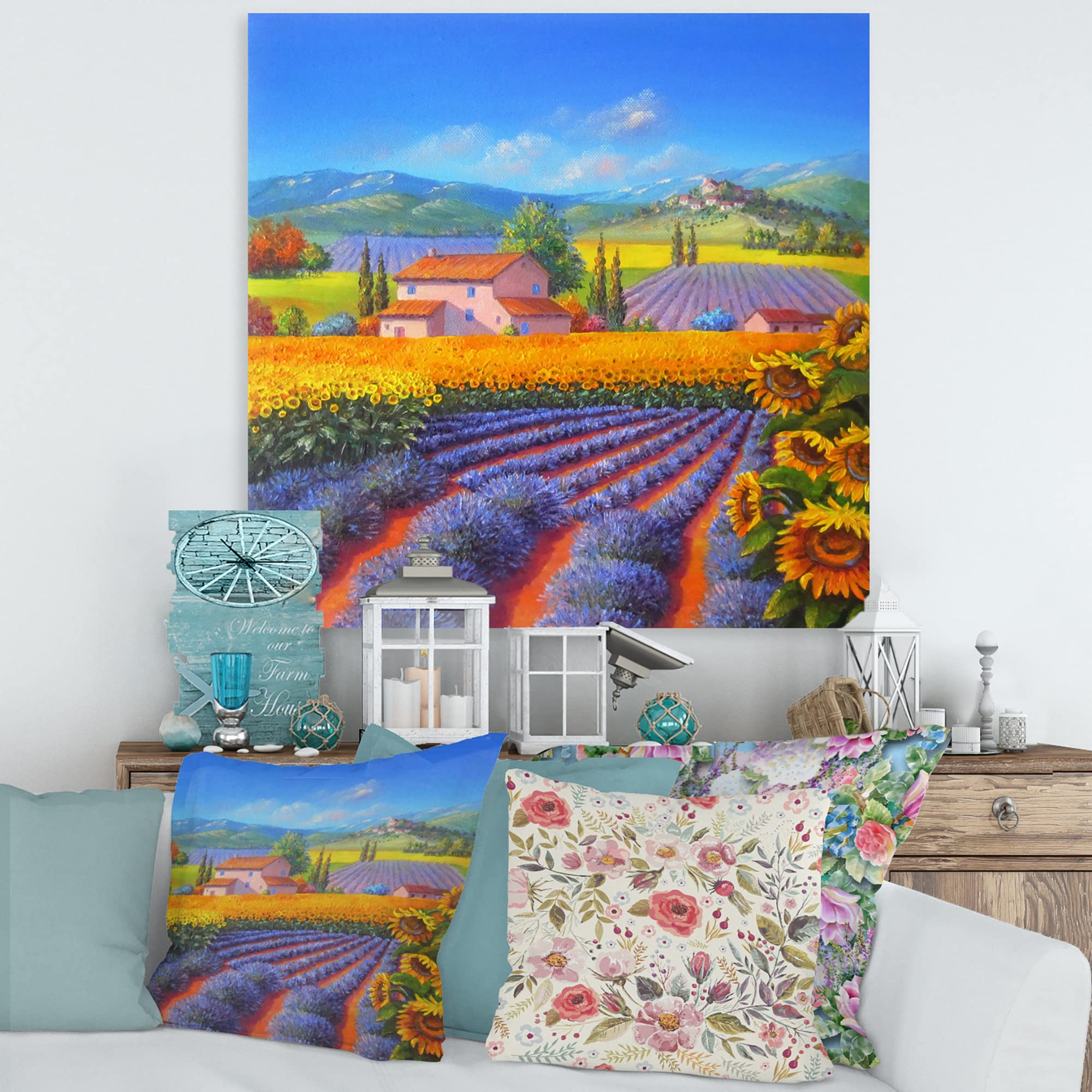 DesignQ Lavender and Sunflower Fields Traditional Canvas Wall Art - 30x30 Inches Yellow Floral Painting - Perfect for Living Room, Bedroom & Office Decor