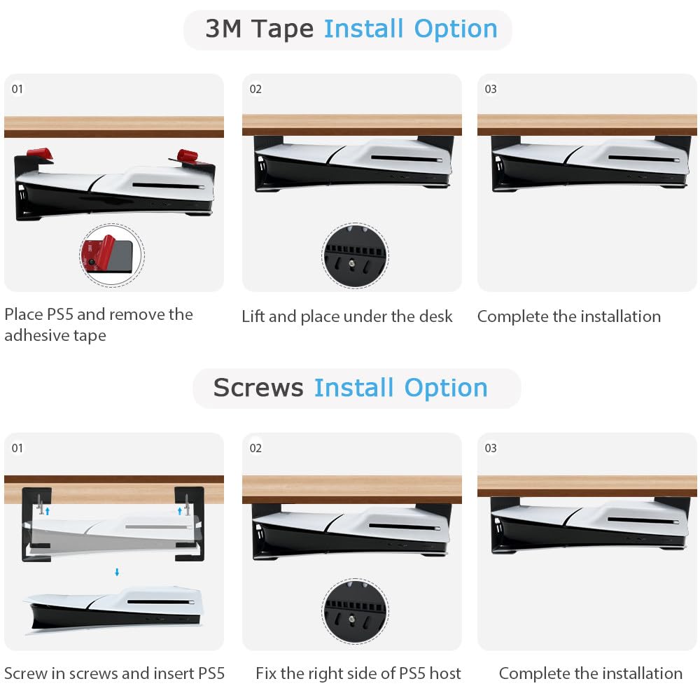 Premium Aluminum PS5 Slim/PS5 Under-Table Mount Bracket - No Drilling Required - Compatible with PlayStation 5 Disc & Digital Edition (Black) - Perfect for Gaming Setups & Small Spaces