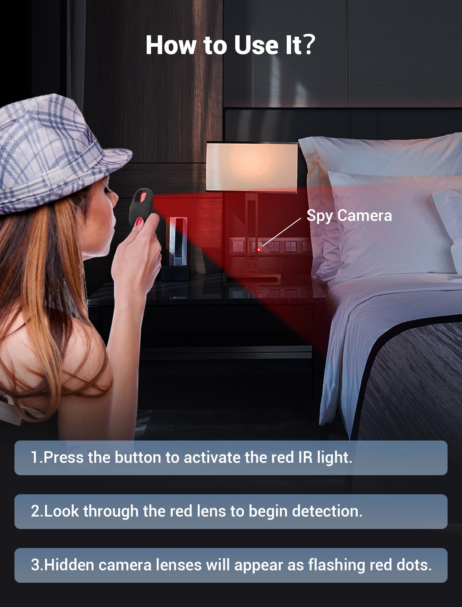**Hidden Camera Detector - Anti Spy Device Finder for Hotel, Travel, Home, Airbnb | Portable Bug Detector for Bedroom, Bathroom & Office | Black**    *(Perfect for Travelers, Privacy Protection, Security Checks & Suspicious Area Scans)*