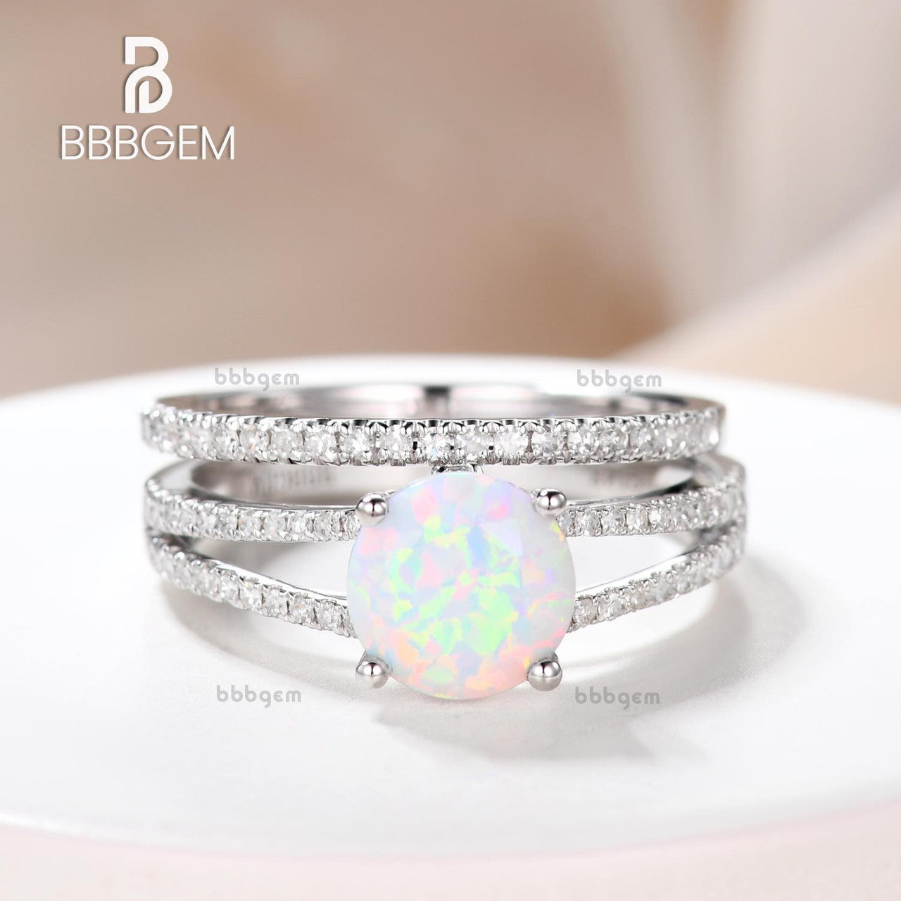 Vintage Opal Engagement Ring Split Shank Set with Pave Diamond Band - Elegant Wedding Jewelry for Brides, Anniversary Gifts & Special Occasions