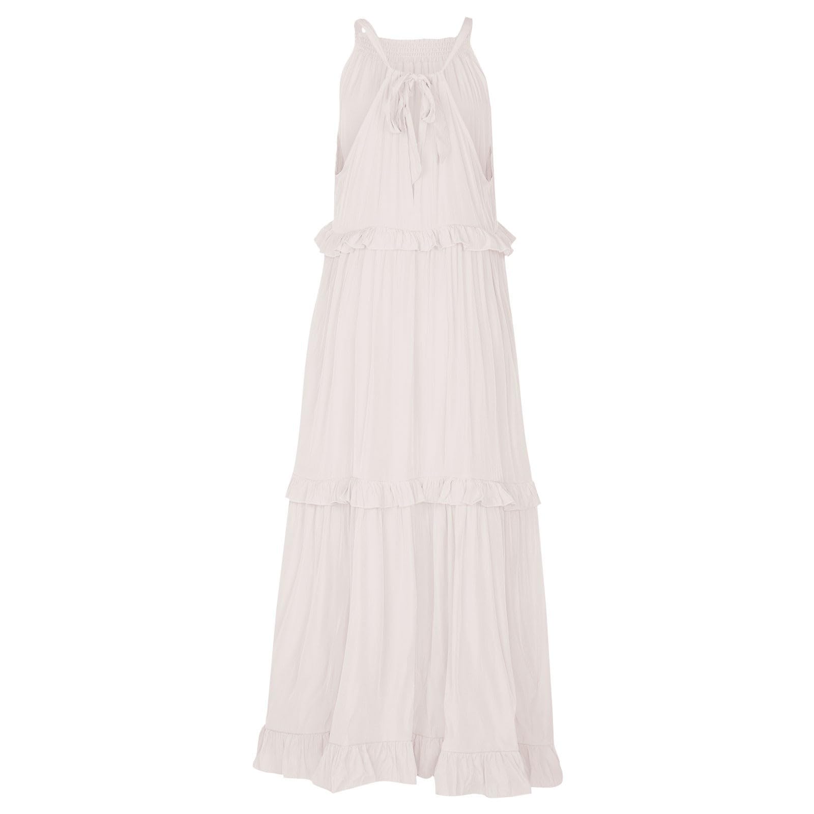 Women's Halter Neck Smocked Tiered Maxi Dress - Flowy Swing Summer Cocktail & Wedding Guest Dress with Pockets | Beach Party, Garden Wedding, Formal Occasions