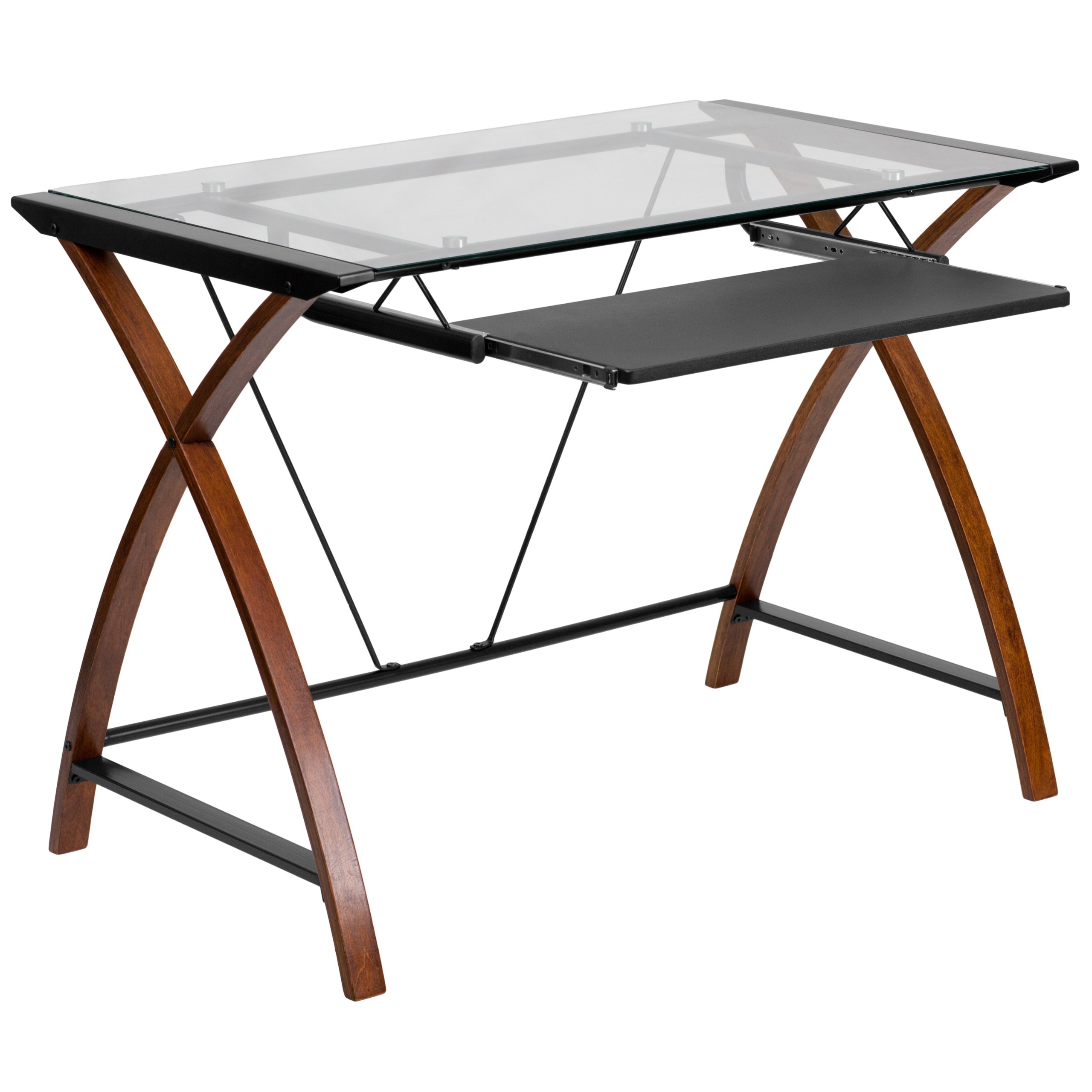 Flash Furniture Jude Tempered Glass Computer Desk with Pull-Out Keyboard Tray & Sturdy Crisscross Frame - Compact Home Office Desk in Cherry/Clear Finish - Perfect for Small Spaces, Gaming & Remote Work