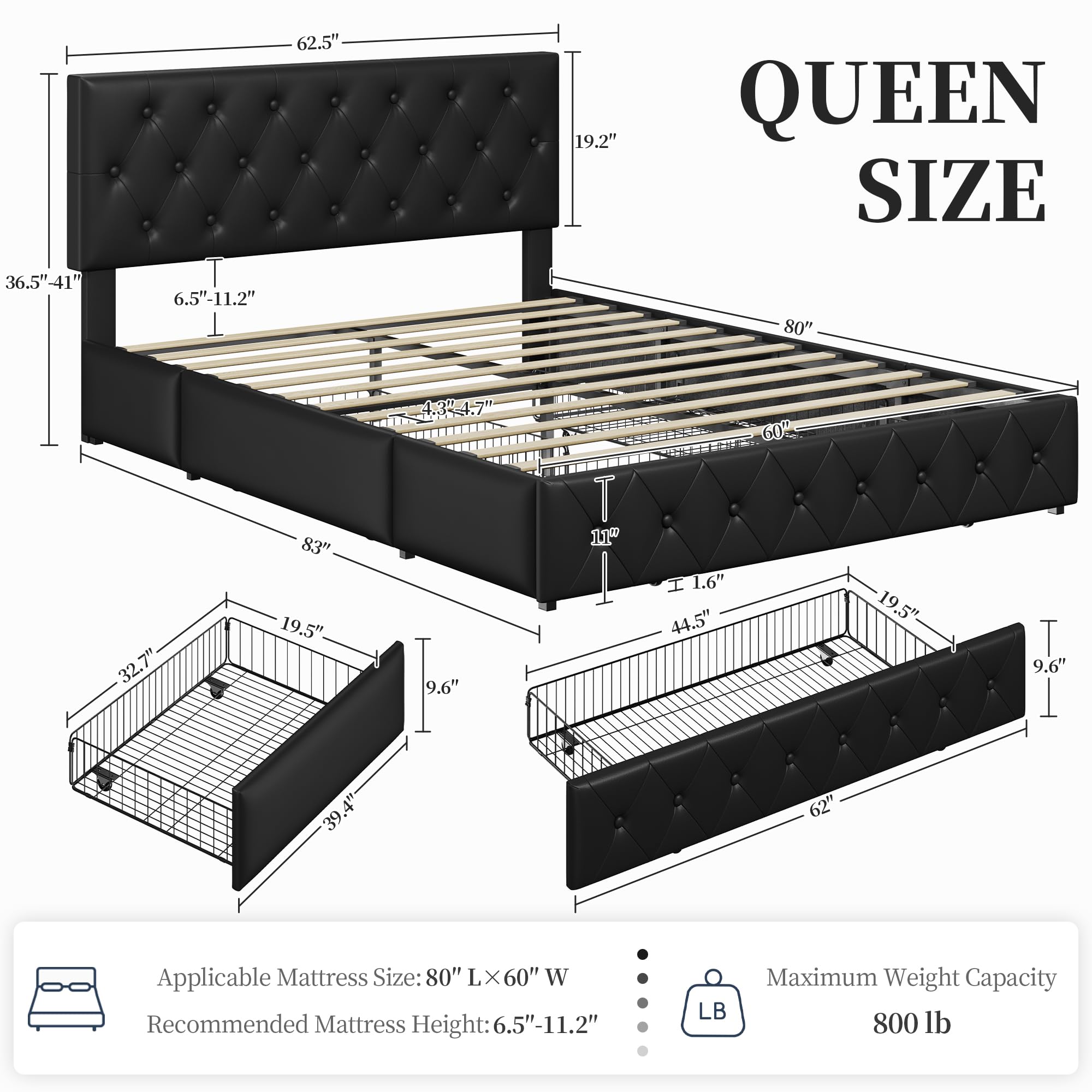 Yaheetech Queen Upholstered Bed Frame with Adjustable Diamond Button-Tufted Headboard & 3 Storage Drawers - Sturdy Wooden Slats Platform Bed - Black - Perfect for Small Bedrooms & Guest Rooms