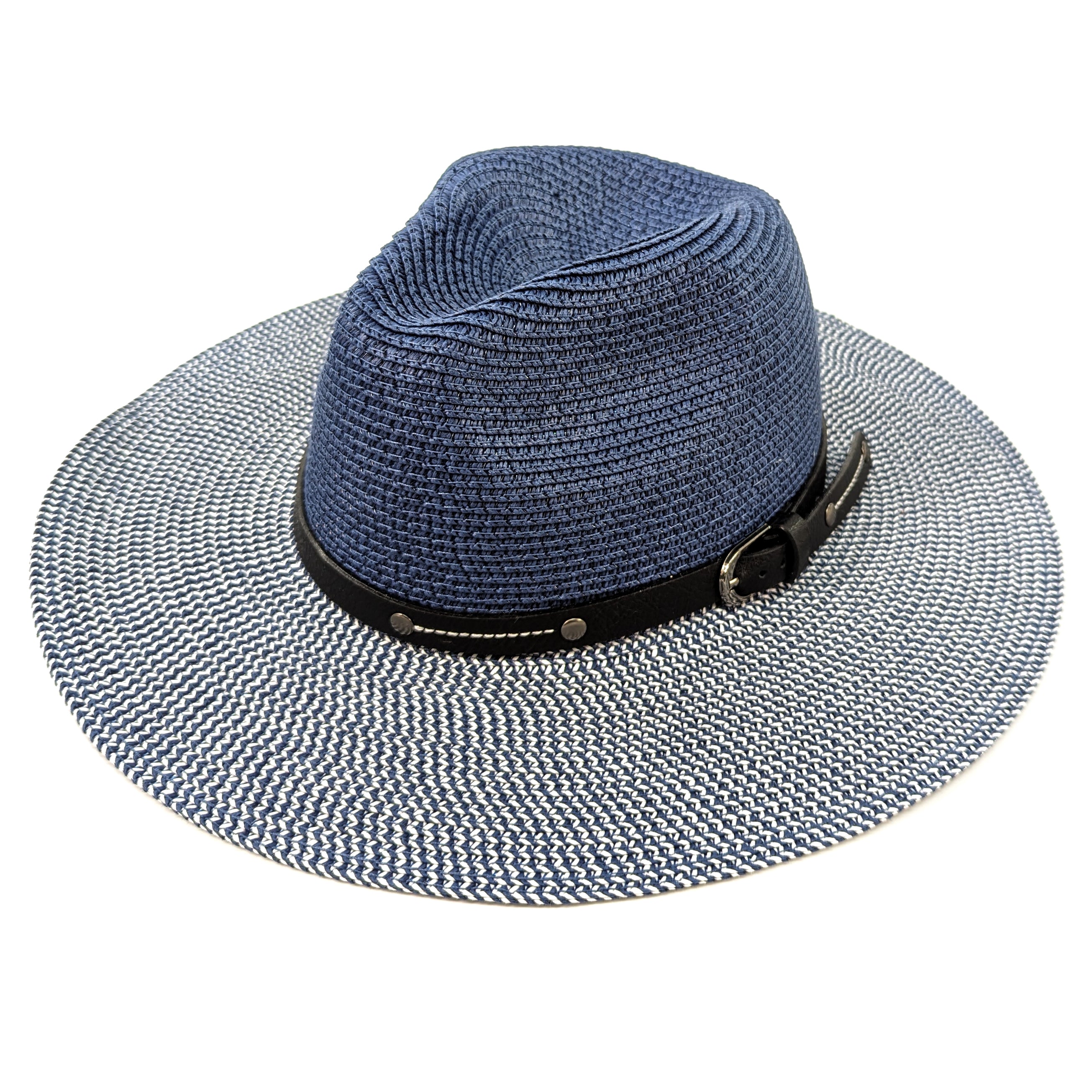 Two Tone Panama Foldable Hat for Men & Women - Mottled/Navy Blue with Adjustable Belt (57cm) - Perfect for Beach, Travel, and Outdoor Activities