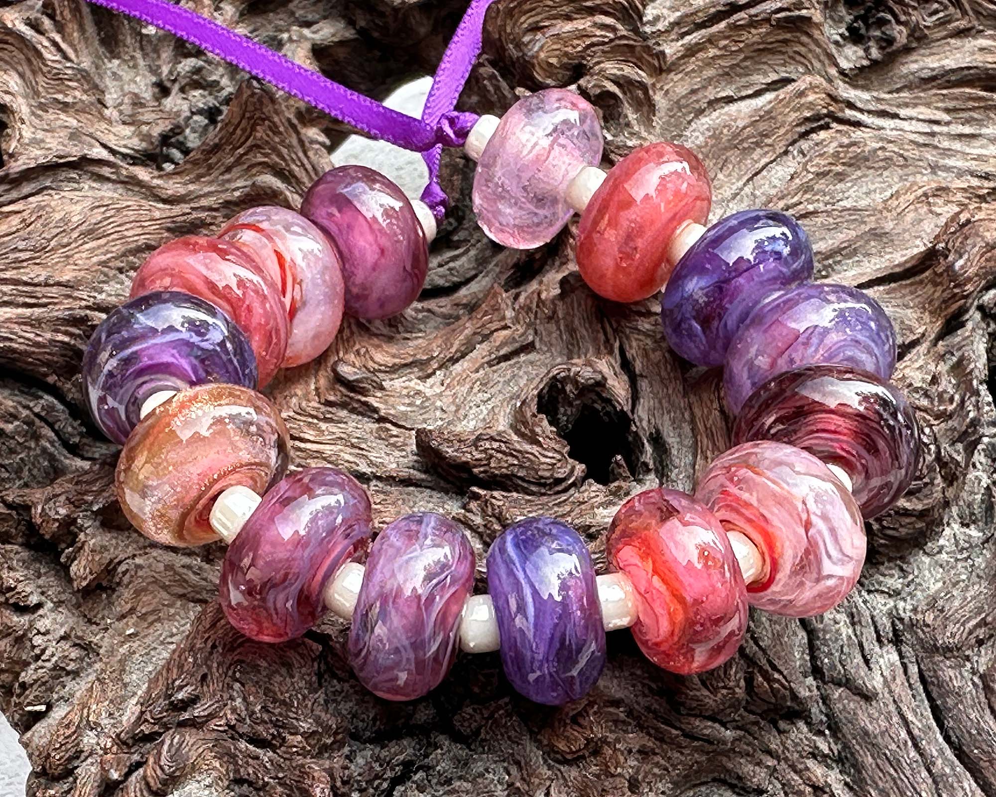 16 Pink & Purple Swirls Lampwork Glass Beads Set for Jewelry Making - DIY Bracelets, Necklaces, Earrings - Perfect for Crafting, Gifts & Boho Style Accessories