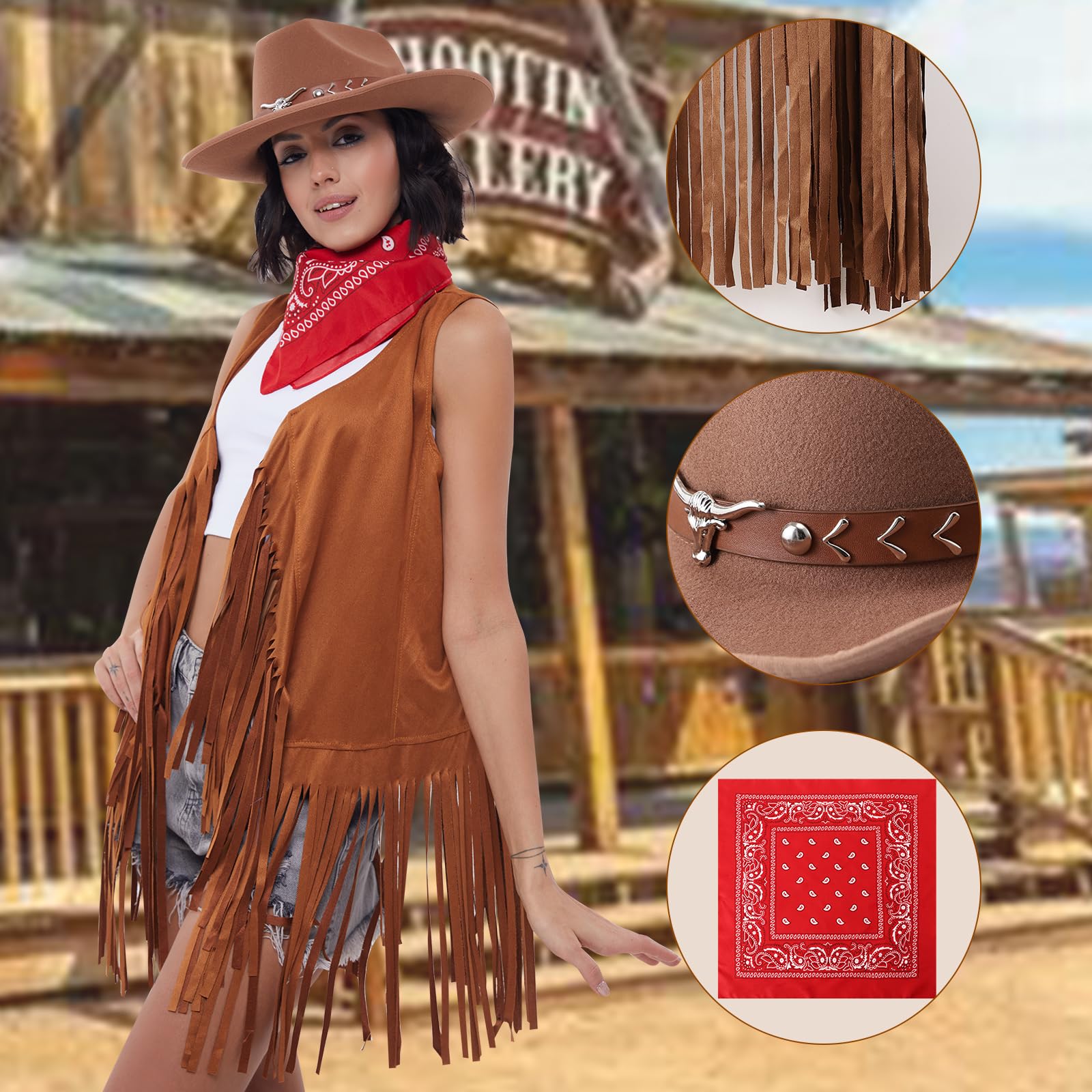 Western Outfits for Women - Cowgirl Tassel Sleeveless Vest, Cowboy Hat & Paisley Bandana Set | Perfect for Rodeo, Country Music Festivals & Western Theme Parties