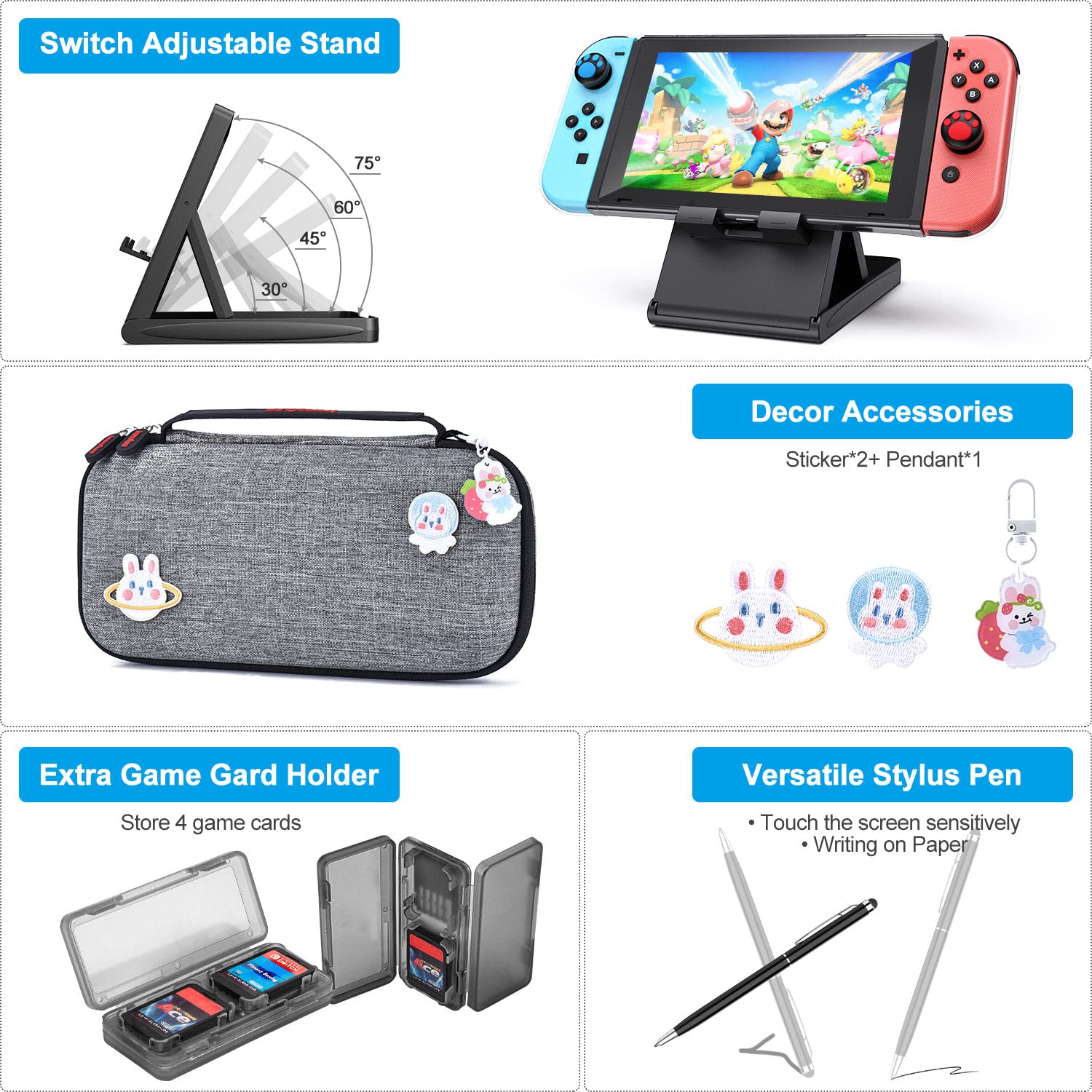 Nintendo Switch Accessories Bundle - Joy-Con Grips, Screen Protector, Carrying Case - Perfect for Gaming On-The-Go & Home Entertainment