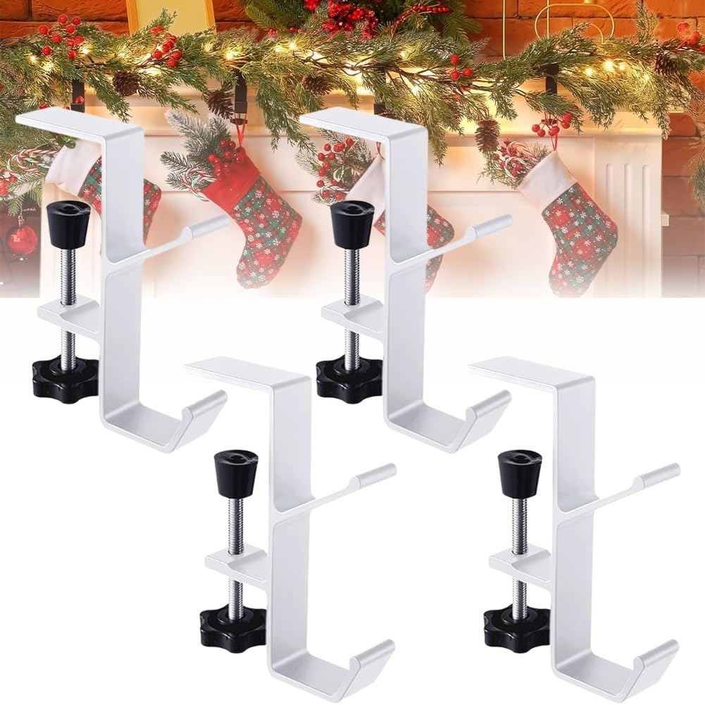 Heavy Duty 2-in-1 Fireplace Mantel Garland and Stocking Hangers with 2 Hooks - White Set of 4 - Christmas Decoration for Fireplace Mantel, Holiday Home Decor, Xmas Party & Winter Festival Decorating