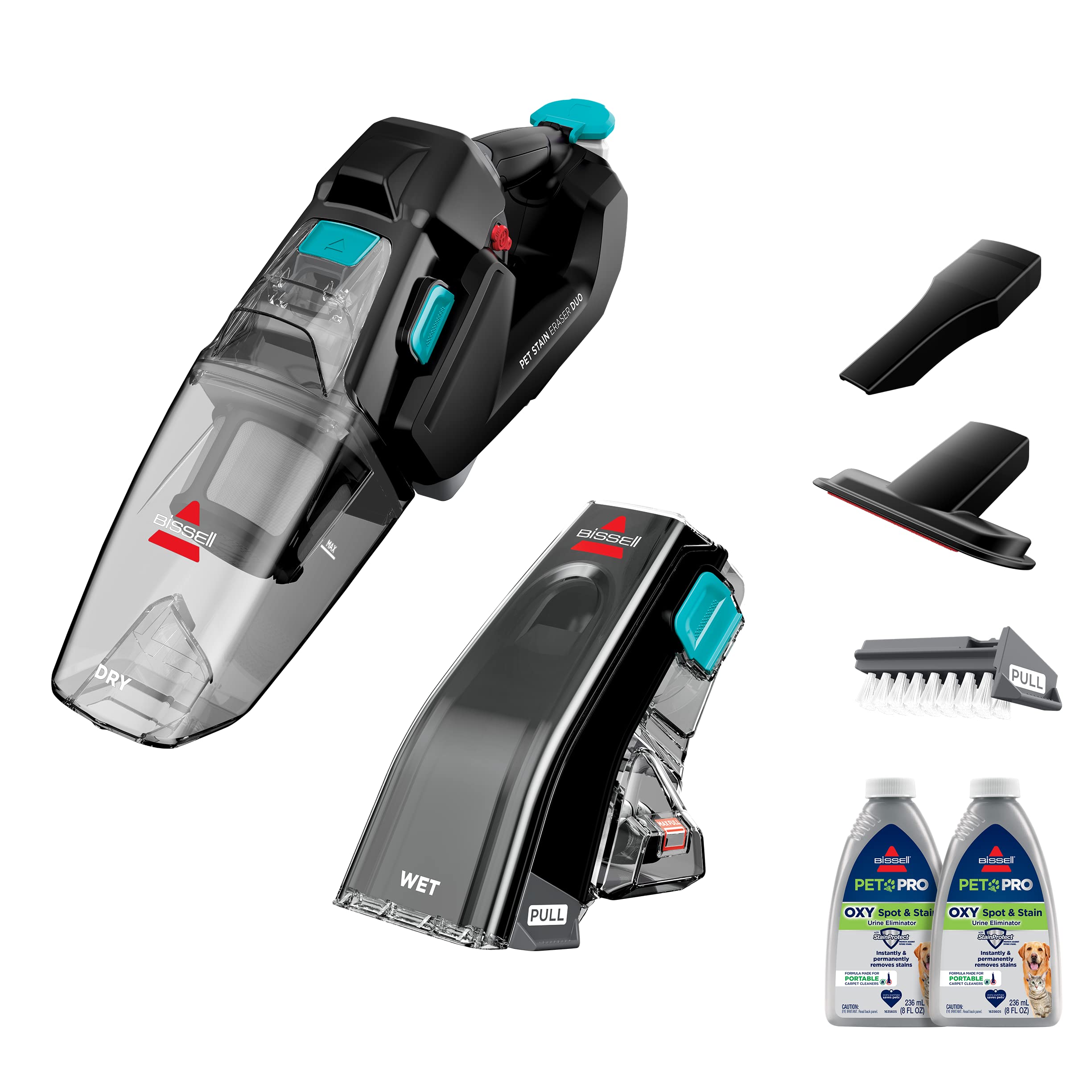 Bissell 3705 Stain Eraser Duo - 2-in-1 Cordless Portable Deep Cleaner & Handheld Vacuum with PET PRO OXY Stain Remover - Black | Perfect for Pet Hair, Car Upholstery & Home Spot Cleaning