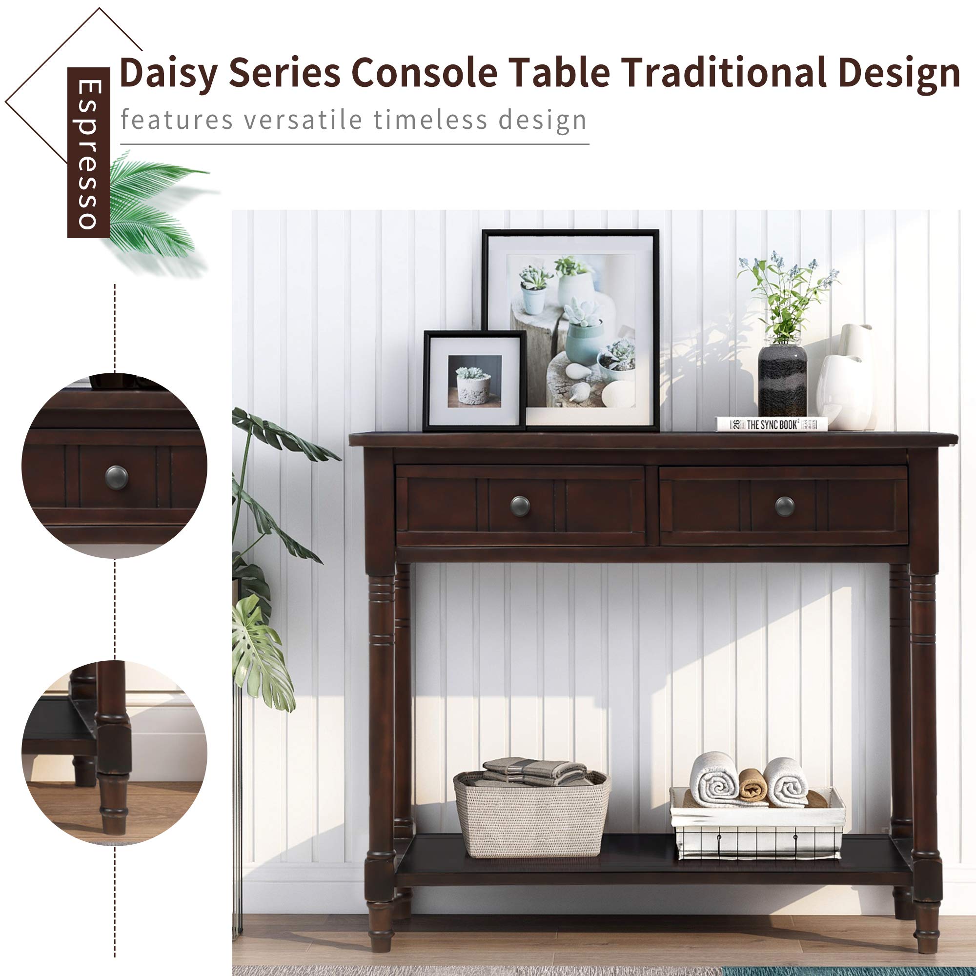 HOUAGI Narrow Console Table with 2 Drawers & Bottom Shelf - Daisy Series Sofa Table for Entryway, Hallway & Living Room - Easy Assembly Espresso Wooden Hall Table - Perfect for Small Spaces, Home Decor & Apartment Furnishing