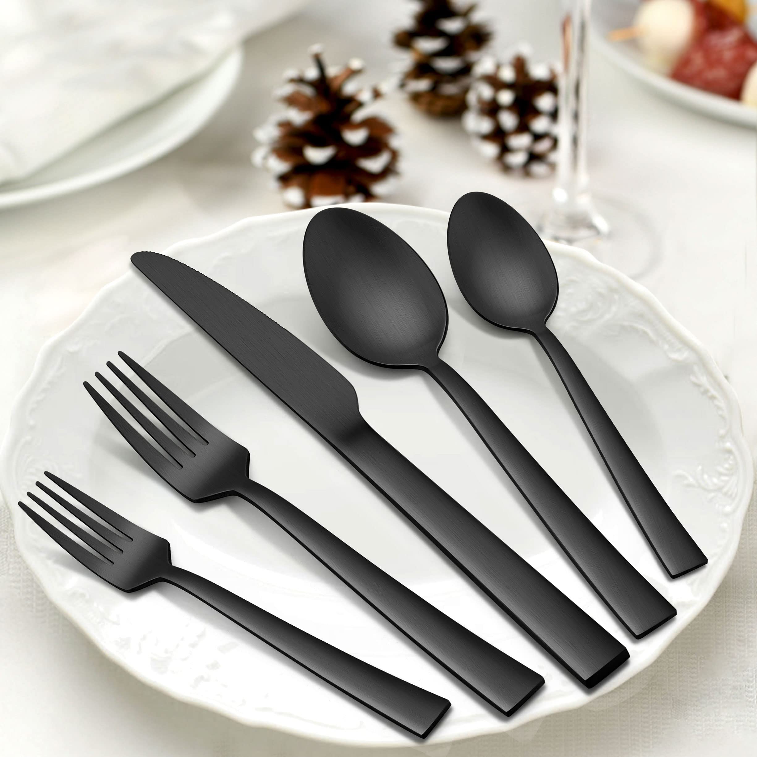 Herogo 23-Piece Matte Black Silverware Set - Stainless Steel Square Flatware with Serving Utensils, Modern Cutlery Set for Catering, Banquet & Home Dining - Dishwasher Safe Satin Finish - Perfect for Restaurants, Weddings & Everyday Use
