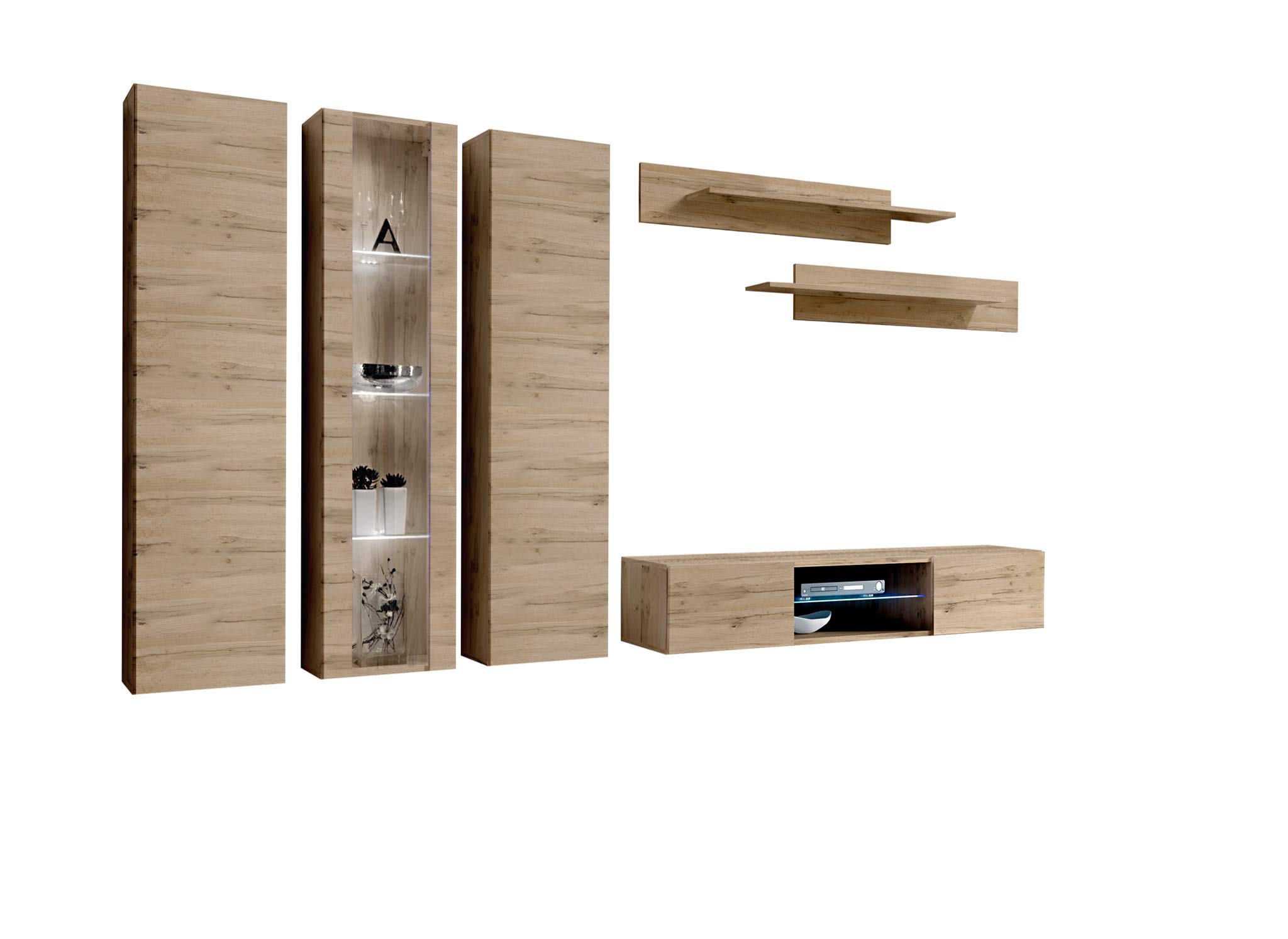 Modern Floating TV Stand with Storage & LED Lights - Wall-Mounted Entertainment Center for Bedroom & Living Room - Oak Wood TV Console with Shelves - Perfect for Small Spaces & Home Theater Setup