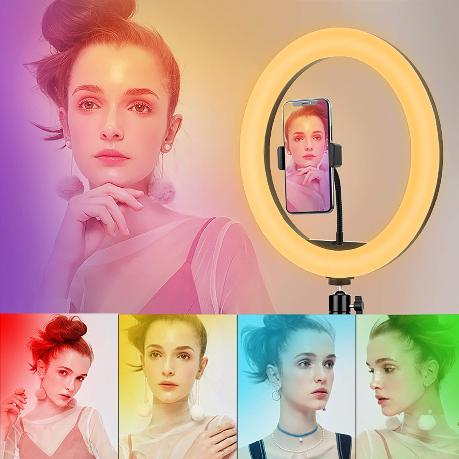 ZXCVASDF 10-inch RGB Ring Light with 15 Color Options & Adjustable Tripod Stand - Dimmable LED Circle Light for Makeup, Photography, YouTube Videos (Includes Phone Holder) - Perfect for Beauty Tutorials, Live Streaming & Product Photography