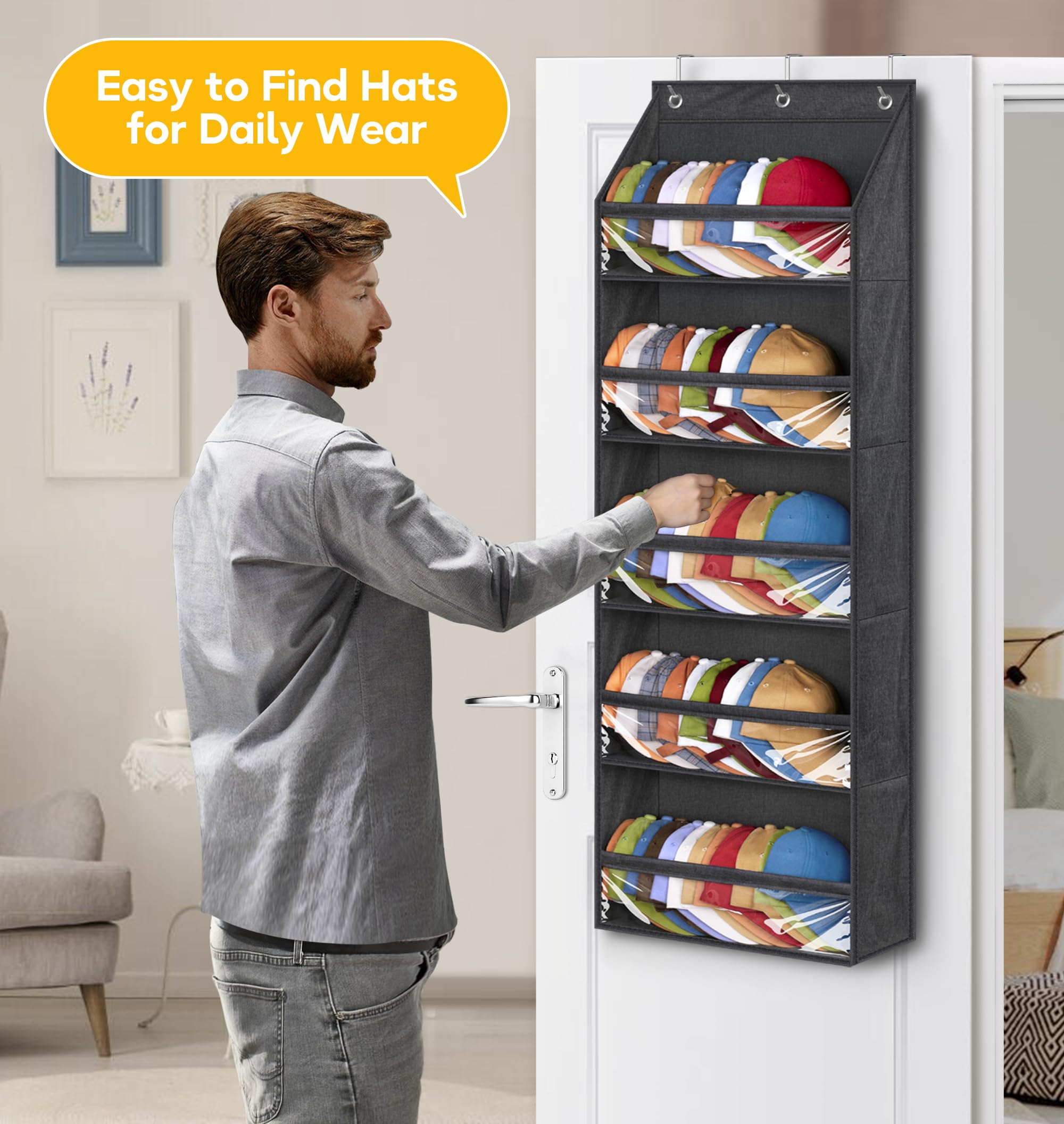 Over Door Baseball Cap Organizer - SLEEPING LAMB Clear Deep Pocket Hat Rack for Closet or Wall, Holds 60 Hats with 3 Hooks, Black - Perfect for Bedroom, Entryway & Dorm Storage Solutions