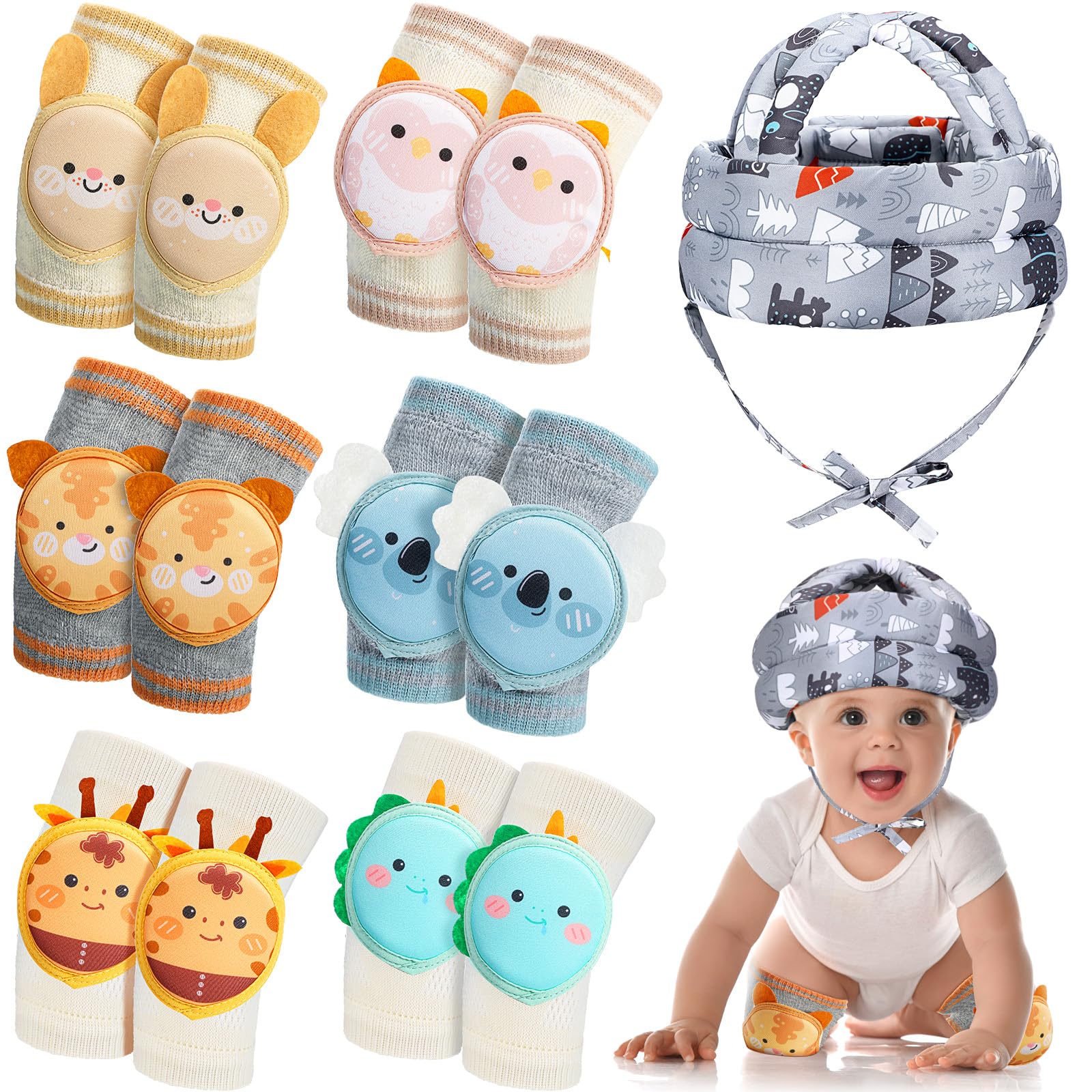 **Preboun Adjustable Baby Safety Helmet with Knee Pads Set - Soft Head Protector & Cushion for Crawling Infants 6 Months to 3 Years (Elephant Design) - Perfect for Learning to Walk, Playtime & Home Protection**