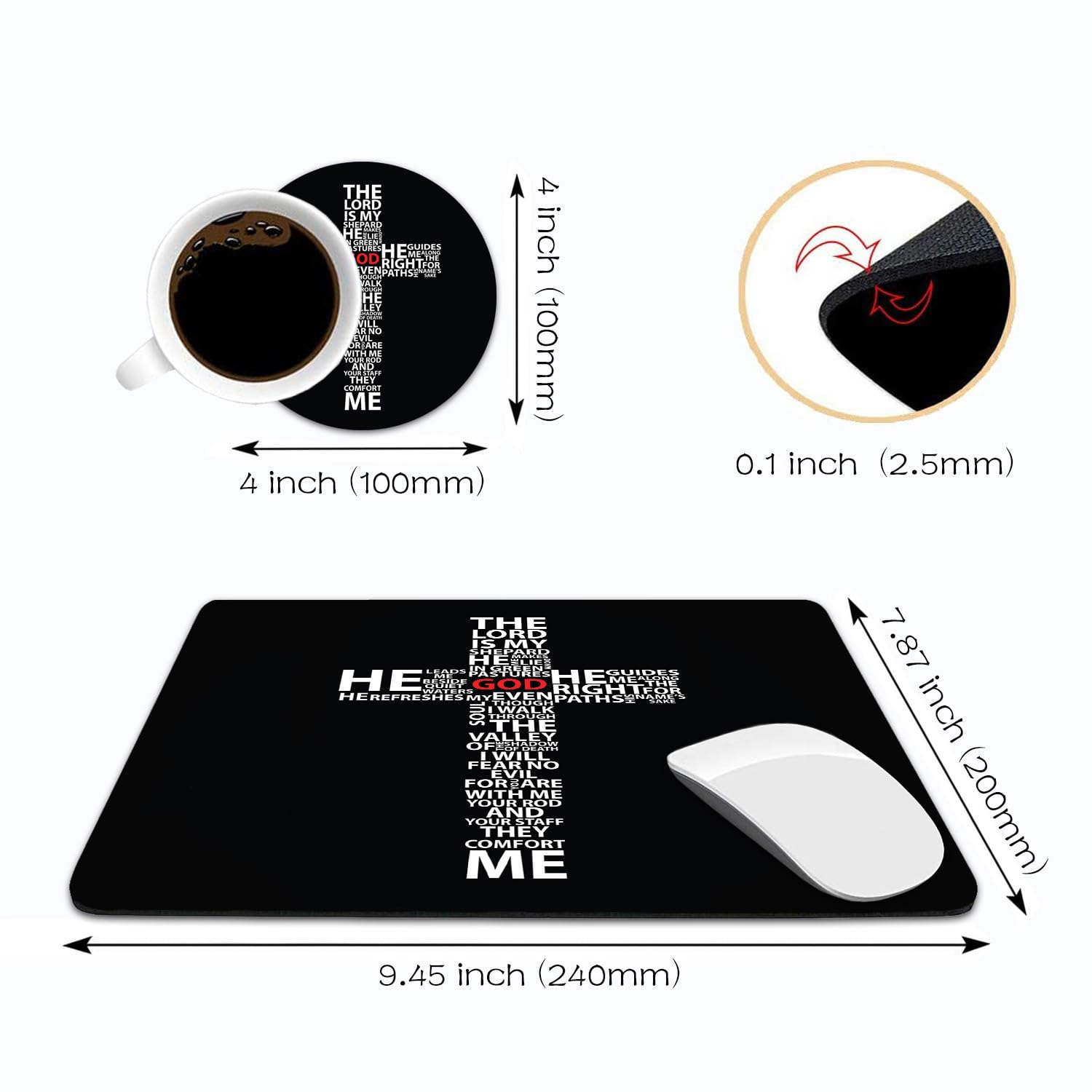 Christian Cross Mouse Pad and Coasters Set - Non-Slip Rubber Base Desk Mat for Laptop & Computer Office Accessories - Perfect for Prayer Time, Bible Study and Faith-Based Workspaces