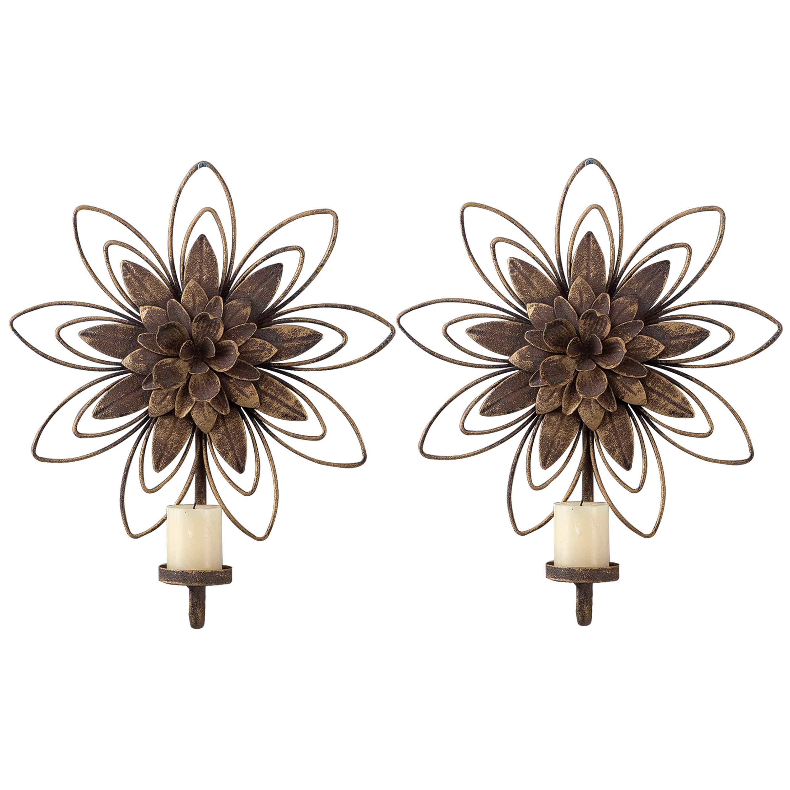Vintage Metal Flower Candle Sconces - Set of 2 Farmhouse Wall Holders for Living Room & Fireplace Decor