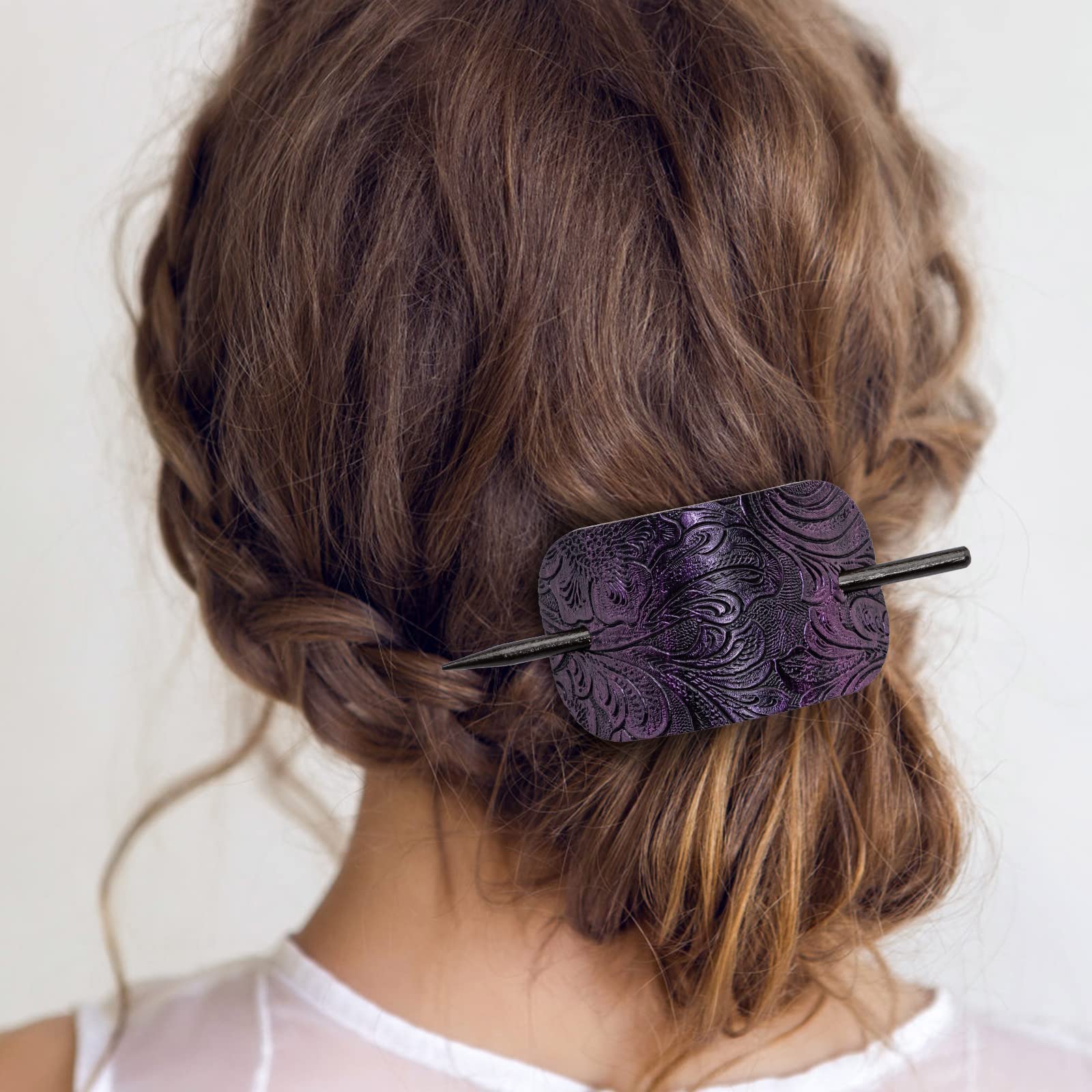 Noverlife 6PCS Leather Hair Barrettes with Wooden Stick - Square Hair Clips Set for Women & Girls, Ponytail Holders for School, Office & Wedding Hairstyles
