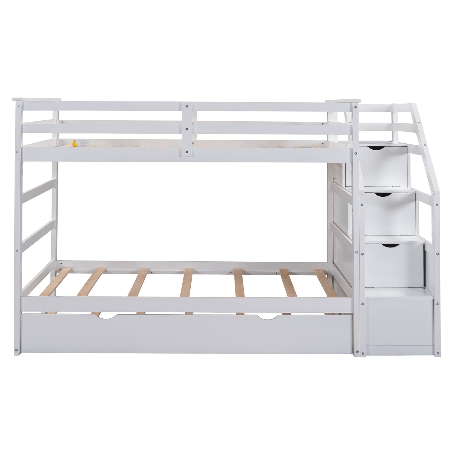 Premium Twin Over Twin Bunk Bed with Trundle & Storage Stairs - Solid Wood Frame, Slat Support & Safety Rail - No Box Spring Needed - Easy Assembly - White - Perfect for Kids' Bedrooms, Guest Rooms & Space-Saving Solutions