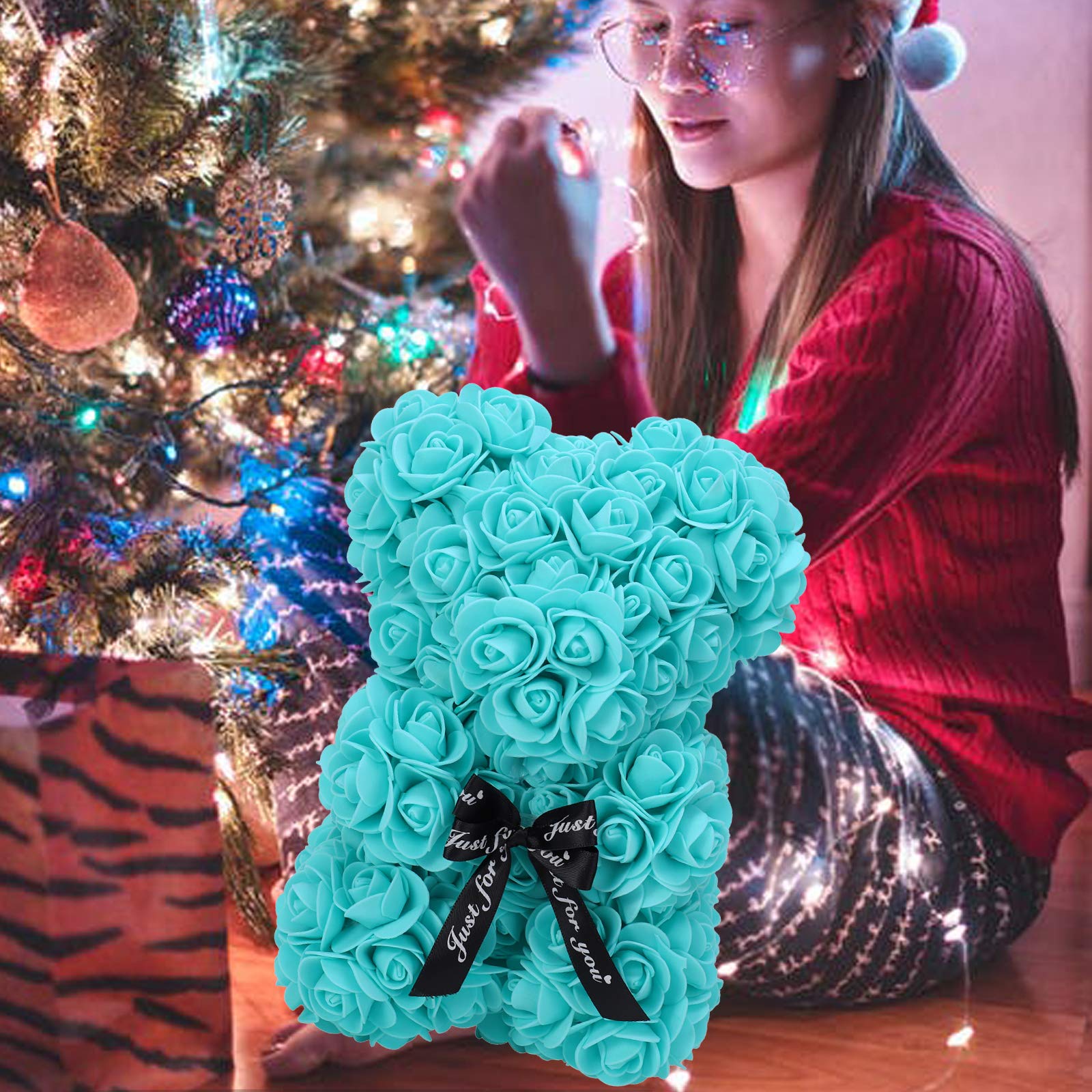 LINKLO 10-inch Rose Teddy Bear - Artificial Rose Flower Bear Gift for Wedding, Mother's Day, Anniversary - Includes Transparent Gift Box (T Blue) - Perfect for Romantic Surprises, Birthday Presents & Home Decor