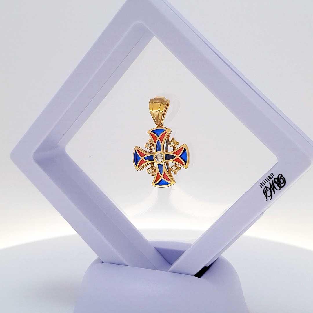 14K Gold Jerusalem Cross Necklace with Stained Glass Enamel & 5 Genuine Diamonds - Religious Jewelry for Women, Christian Gifts, Baptism & First Communion