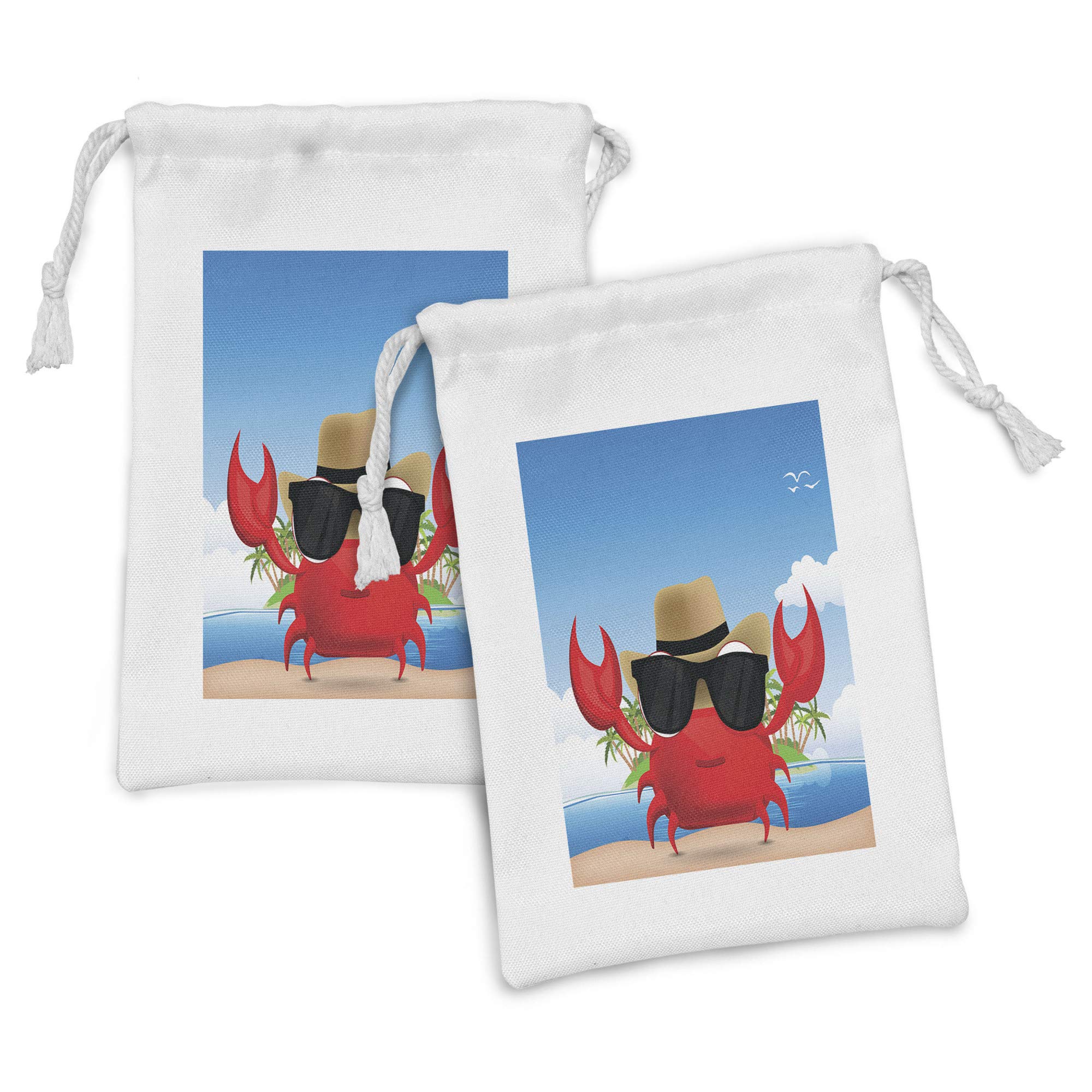 Ambesonne Crabs Fabric Pouch Set of 2 - Stylish Crustacean Design with Black Sunglasses & Hat - Tropical Island Summer Vacation Theme - 9