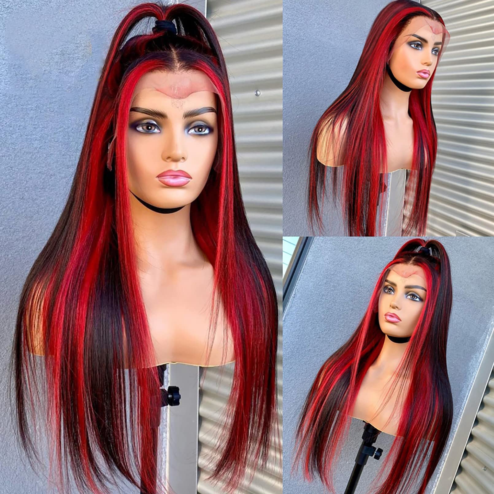 BLG 20 Inch Red Lace Front Wig Human Hair - 180% Density Highlighted Pre Plucked Skunk Stripe Wigs for Women | Glueless Colored Human Hair Lace Wig | Perfect for Cosplay, Halloween, Parties & Daily Fashion Styling