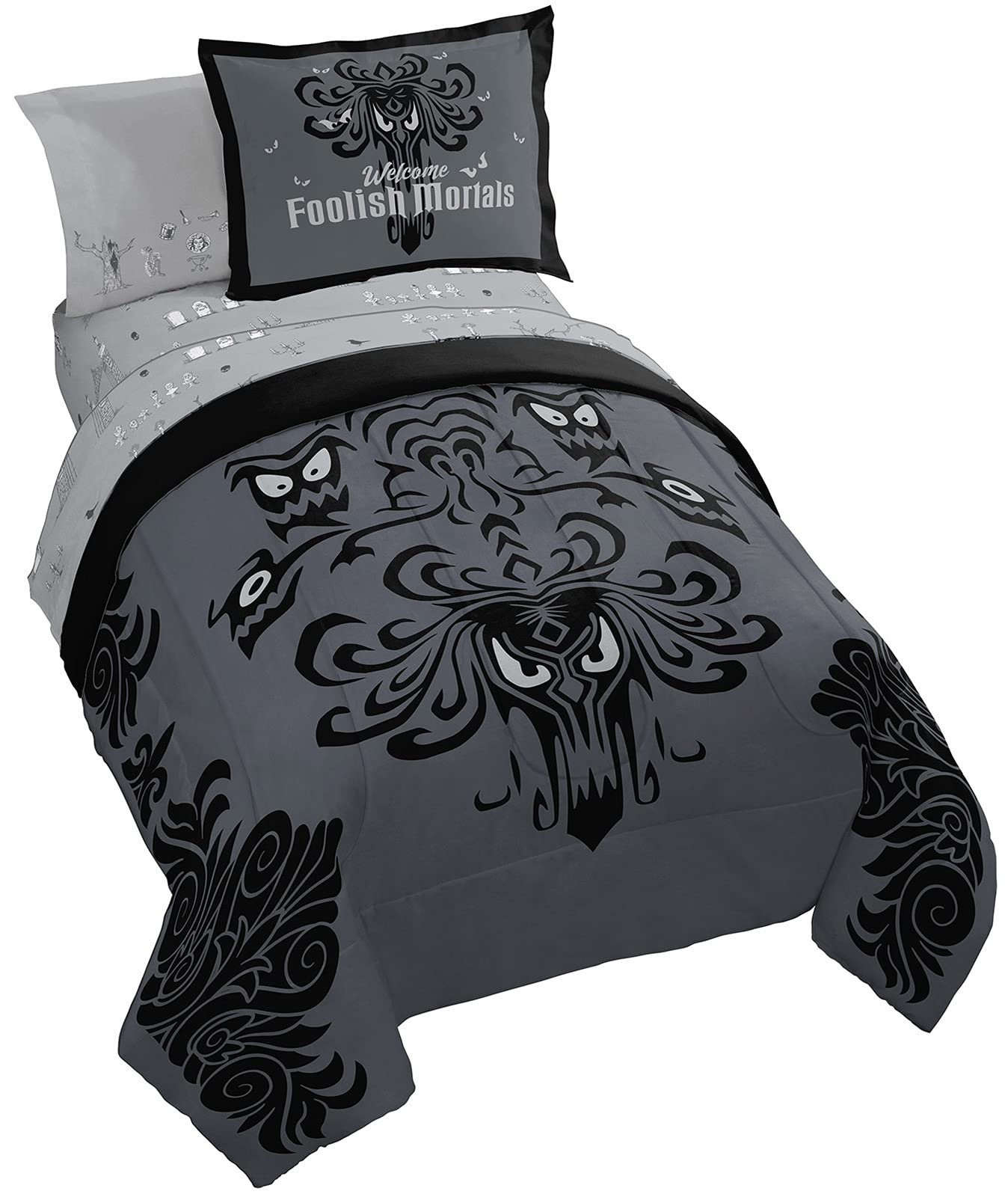 Disney Haunted Mansion Happy Haunts Damask Twin Bed Set - 5 Piece Reversible Comforter & Sheet Set - Super Soft Fade Resistant Microfiber Bedding - Official Disney Licensed Product for Kids & Teens Bedroom Decor