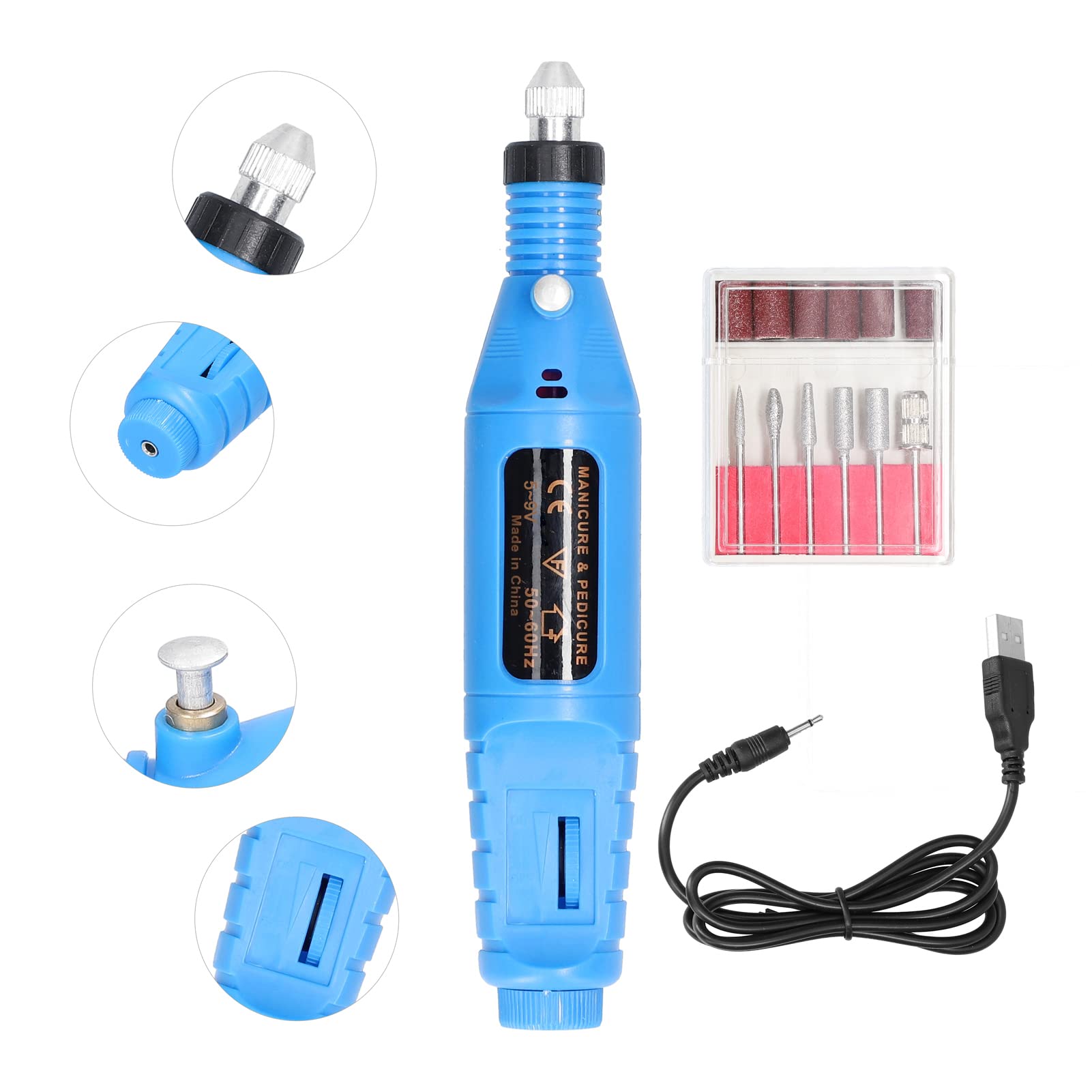 USB Power Handheld Mini Electric Nail Grinder - Adjustable Speed Manicure Machine with 6 Grinding Heads for Gel & Acrylic Nail Removal - Perfect for Home & Professional Salon Use