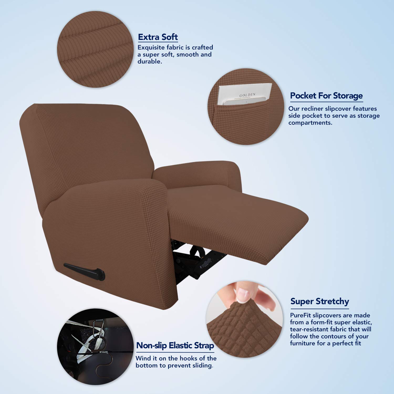 PureFit Stretch Recliner Sofa Slipcover with Pocket - Spandex Jacquard Non-Slip Sofa Cover, Washable Elastic Furniture Protector for Kids & Pets (Brown) | Perfect for Living Room, Family Room & Home Theater Seating
