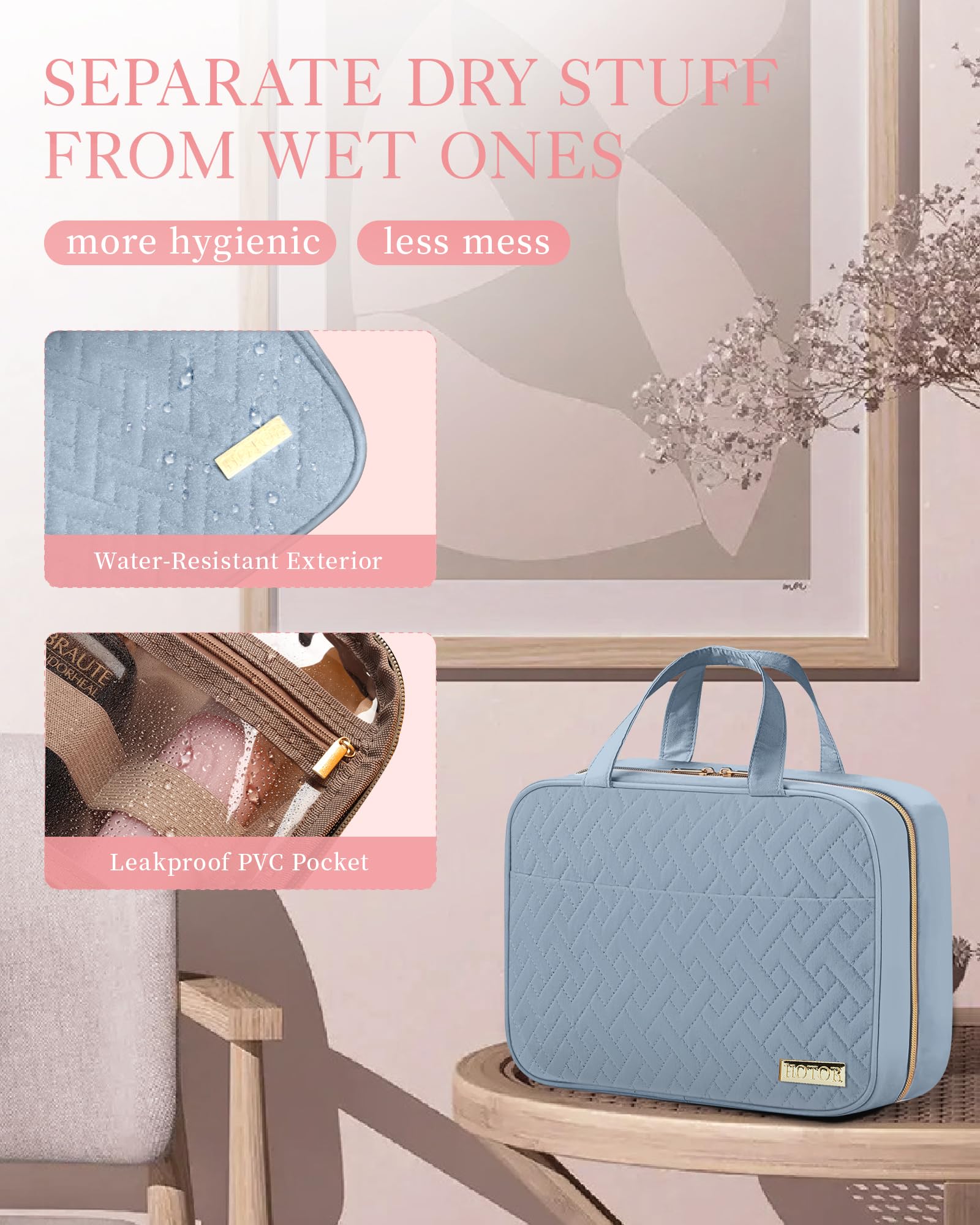 HOTOR Hanging Travel Toiletry Bag for Women & Men - Waterproof Makeup Organizer with Large Compartments - Perfect for Vacation, Camping & Business Trips - Light Blue Medium Cosmetic Bag (Ideal for Toiletries, Makeup & Travel Essentials)