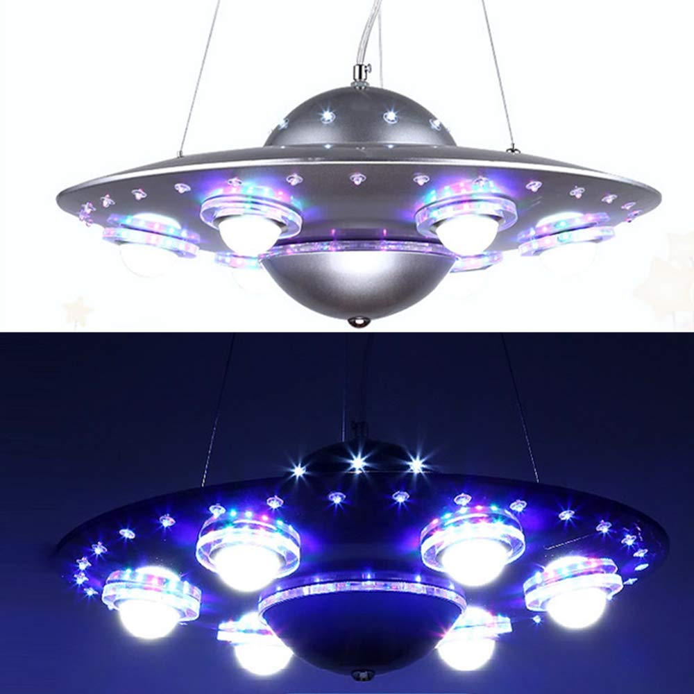 LAKIQ UFO LED Chandelier for Kids Room - 6 Lights Hanging Pendant Light for Bedroom & Nursery (Silver) - Perfect for Boys & Girls Rooms