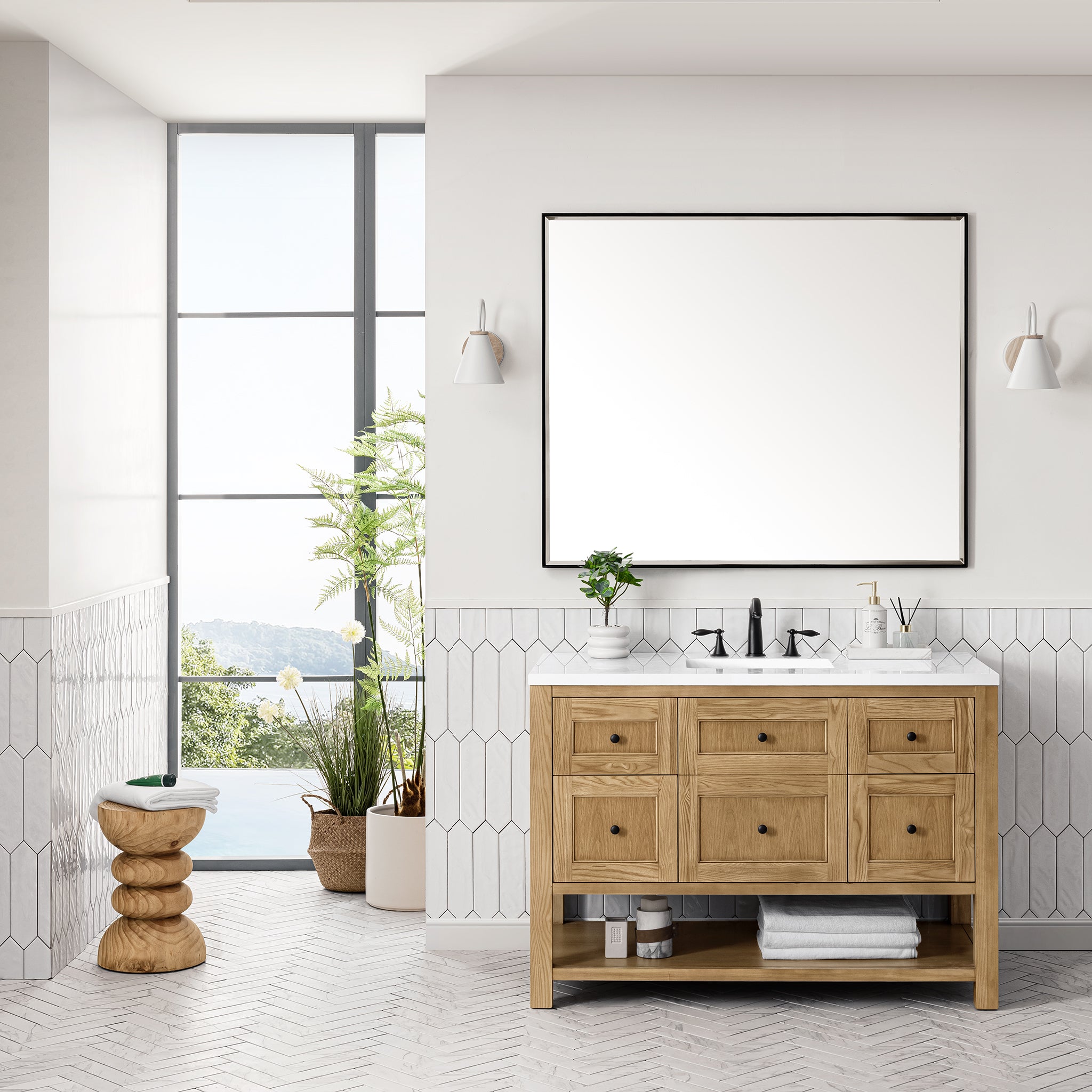 Breckenridge 48 Inch Single Bathroom Vanity in Light Natural Oak with 3CM White Zeus Countertop - Perfect for Modern Master Bathrooms and Guest Suites